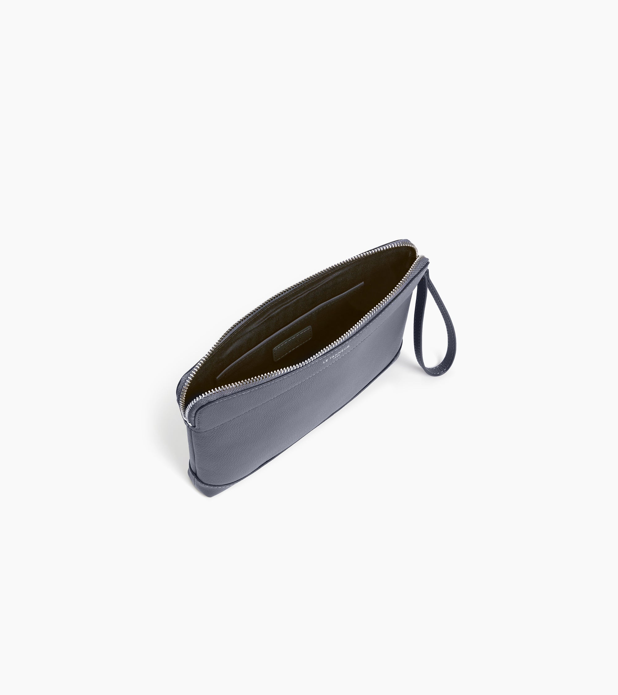 Le Tanneur pochette zippée cuir grainé bleu Steel Blue