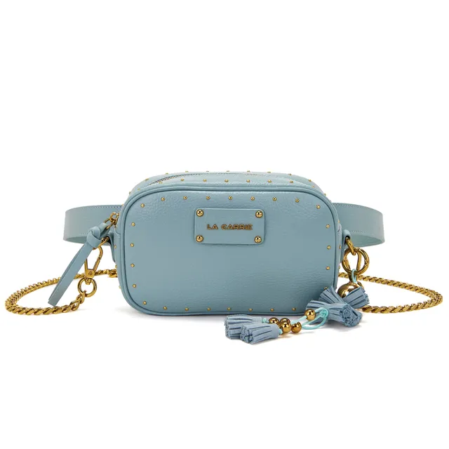 La Carrie Basic sac banane cuir ciel 20x6x13cm clous or