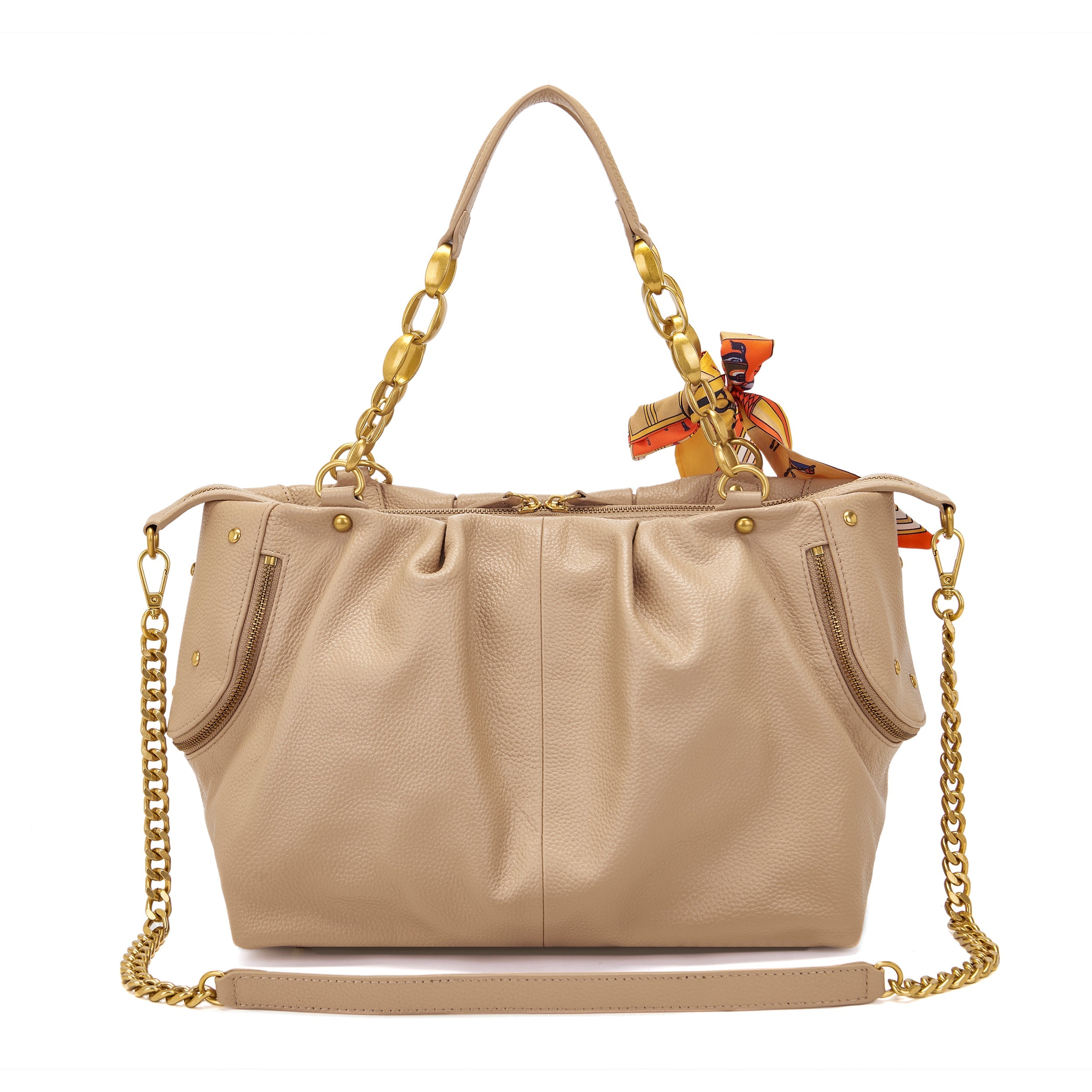 La Carrie Foulard sac shopping beige cuir clouté 34x21 cm