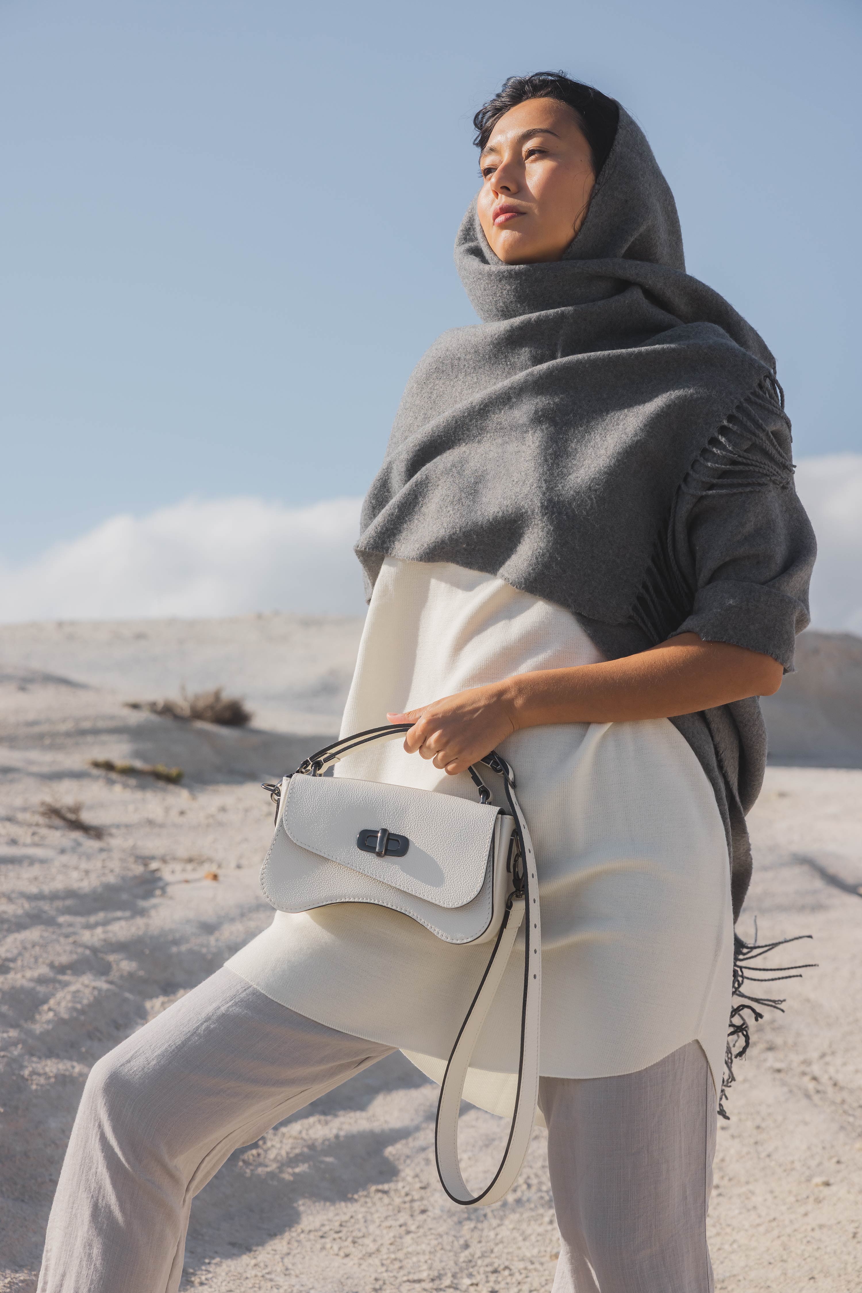 Nodie's L'Iconique Blanc Grainé Sac Baguette Cuir