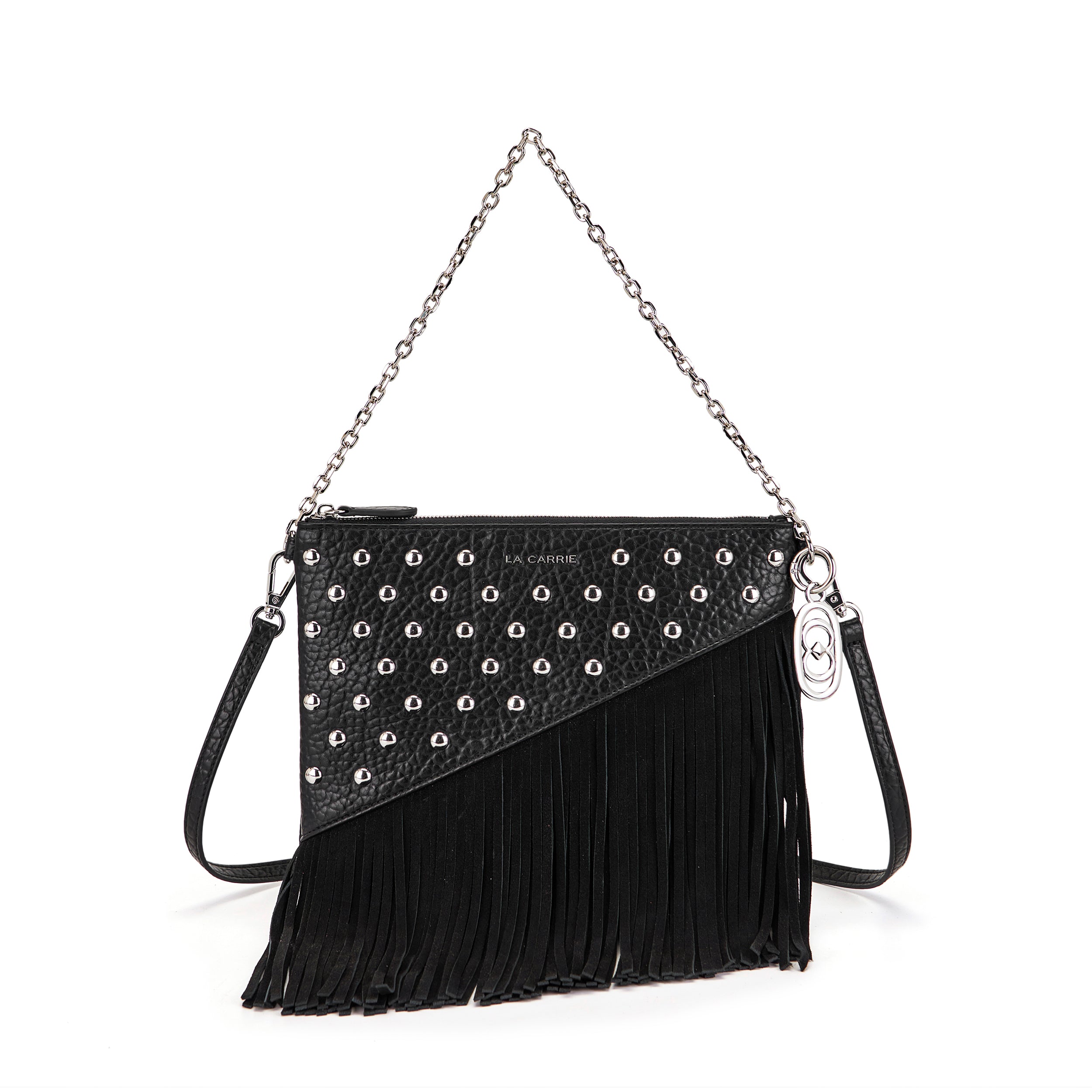 La Carrie Capsule sac bandoulière noir 25x3x22 clouté franges