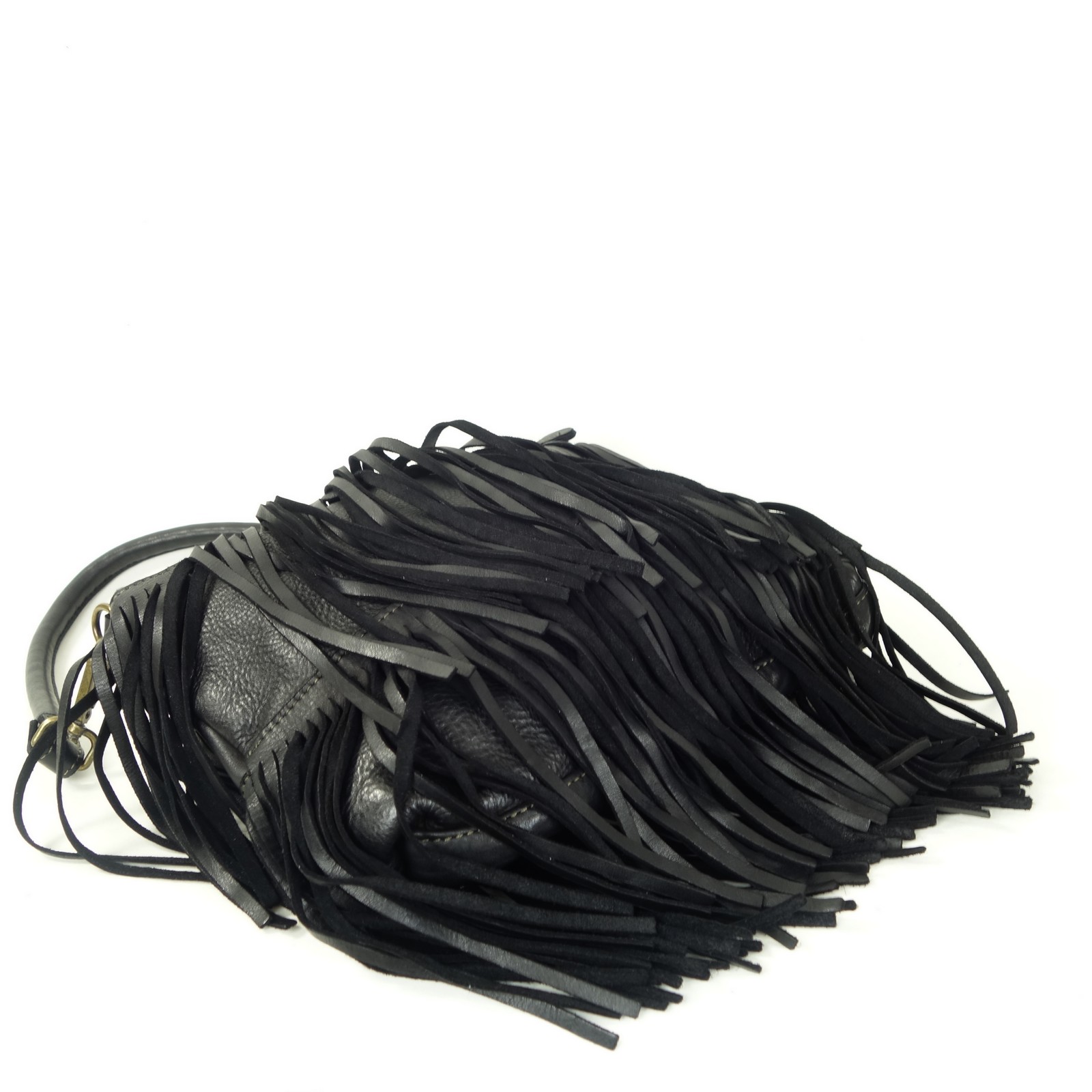 Collection Esprit Cuir Pia sac bandoulière cuir noir franges