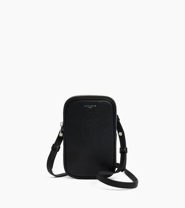 Le Tanneur étui téléphone cuir grainé Black zip argent
