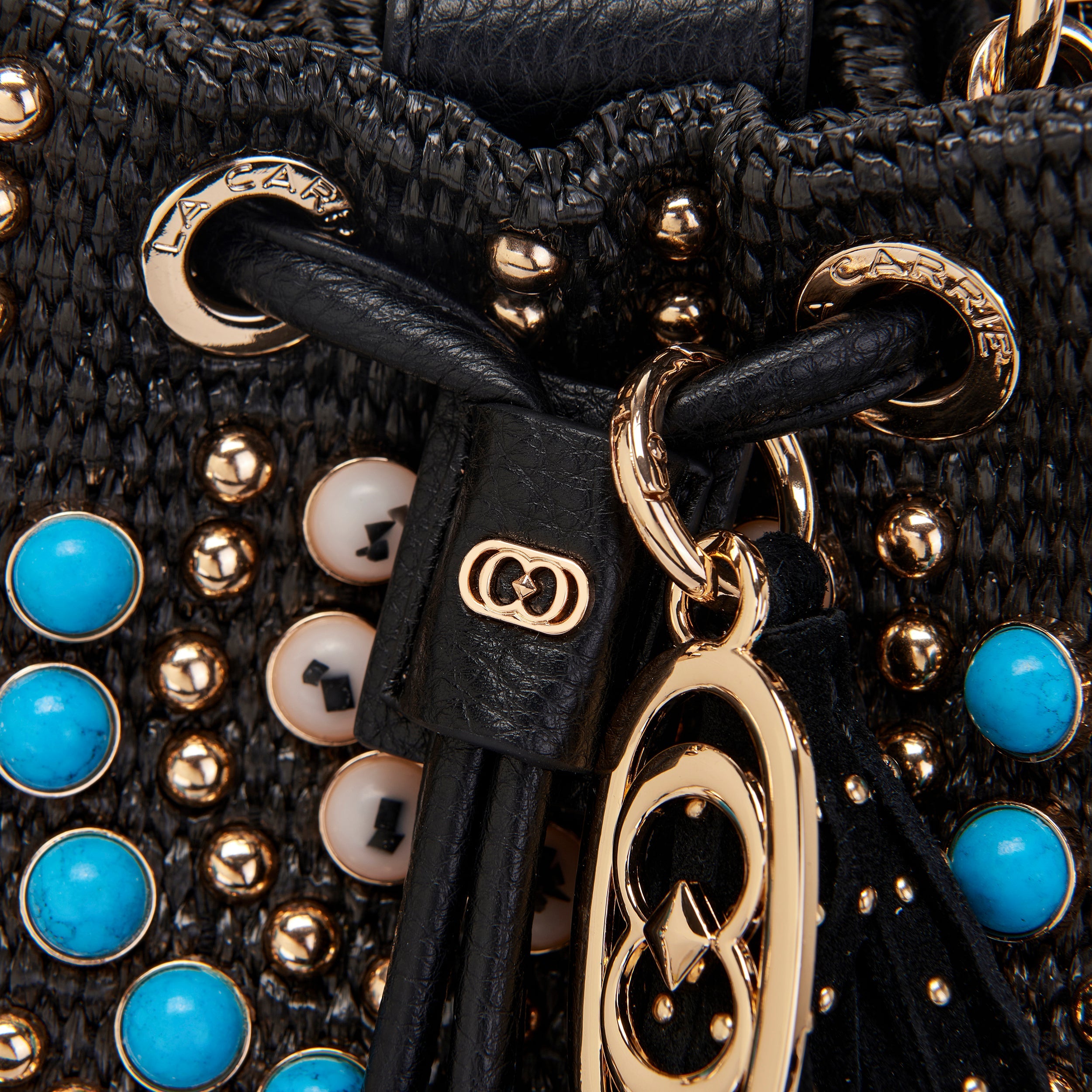 La Carrie Secchiello Andromeda sac seau noir raphia 26x19x28cm