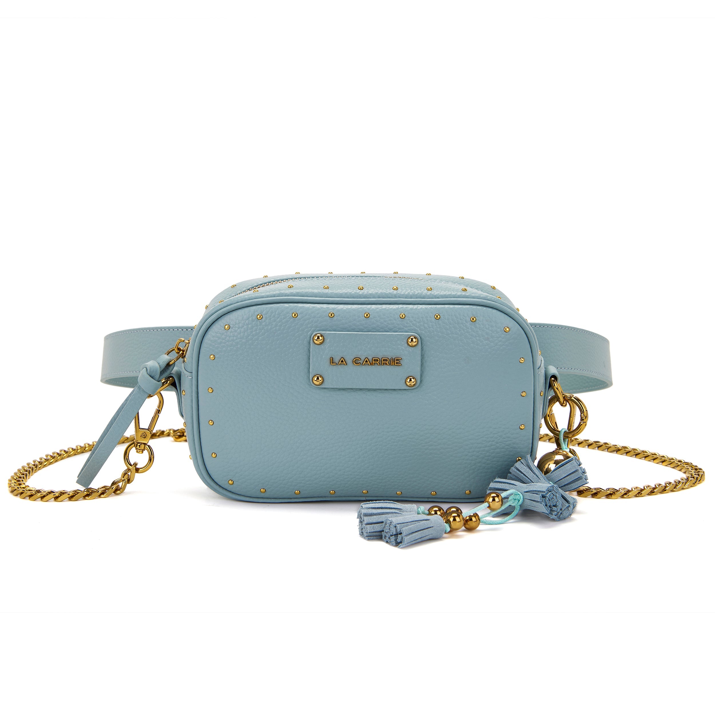 La Carrie Basic sac banane cuir ciel 20x6x13cm clous or
