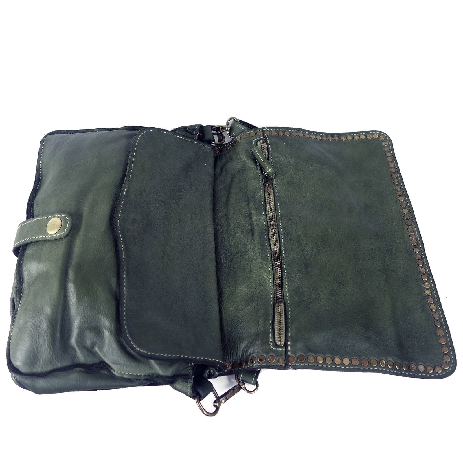 Collection Esprit Cuir GENA besace bandoulière cuir vert clous
