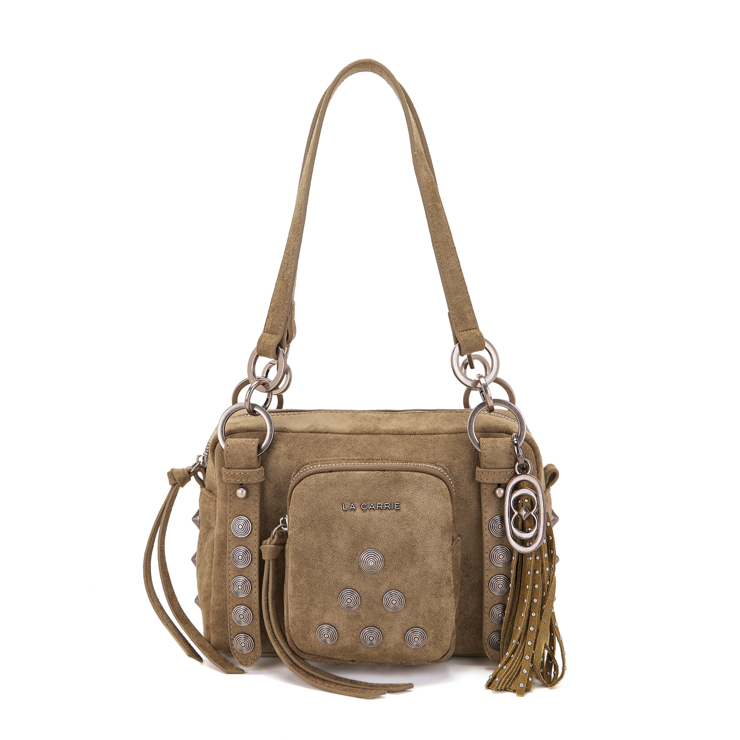 La Carrie Aztec sac épaule suède vert 26x10x18 cm clous