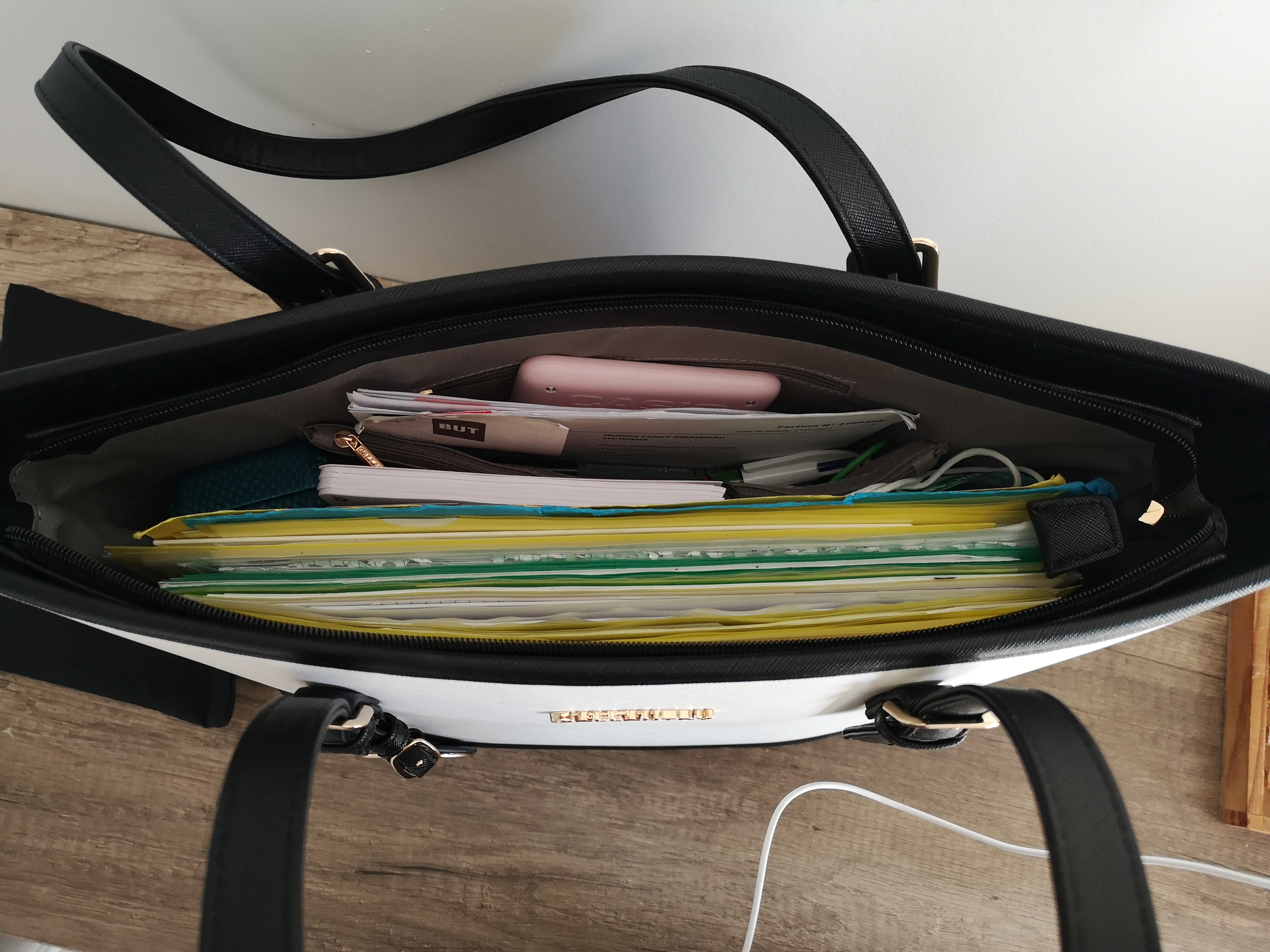 Gallantry Cabas Tote Bag XL A4 blanc noir rayé 45 cm