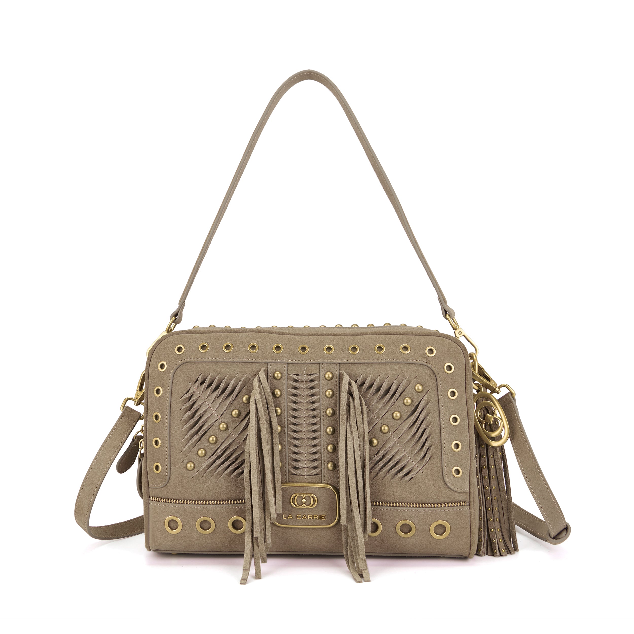 La Carrie Apallosa sac épaule taupe 31 cm suède franges