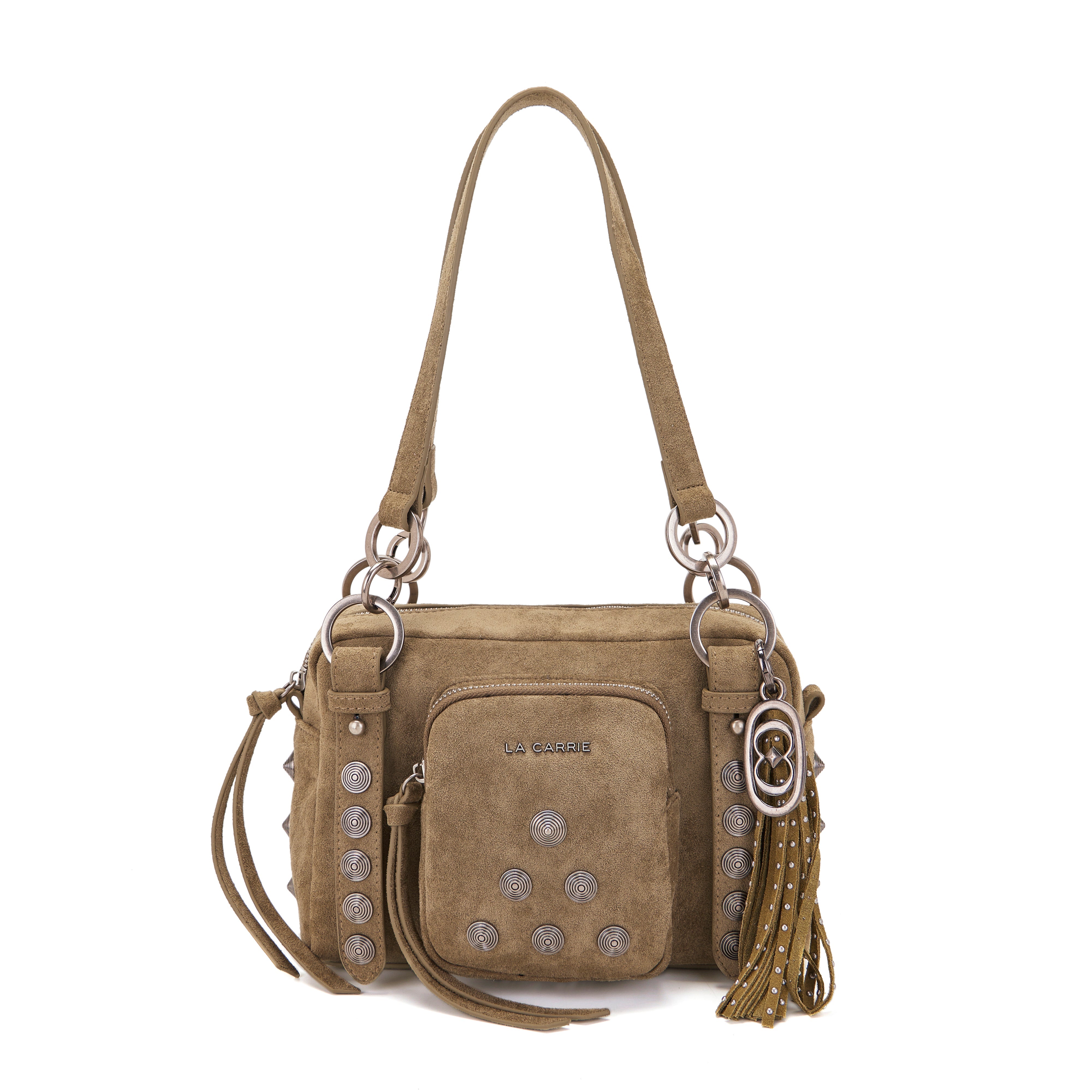 La Carrie Aztec sac épaule suède vert 26x10x18 cm clous
