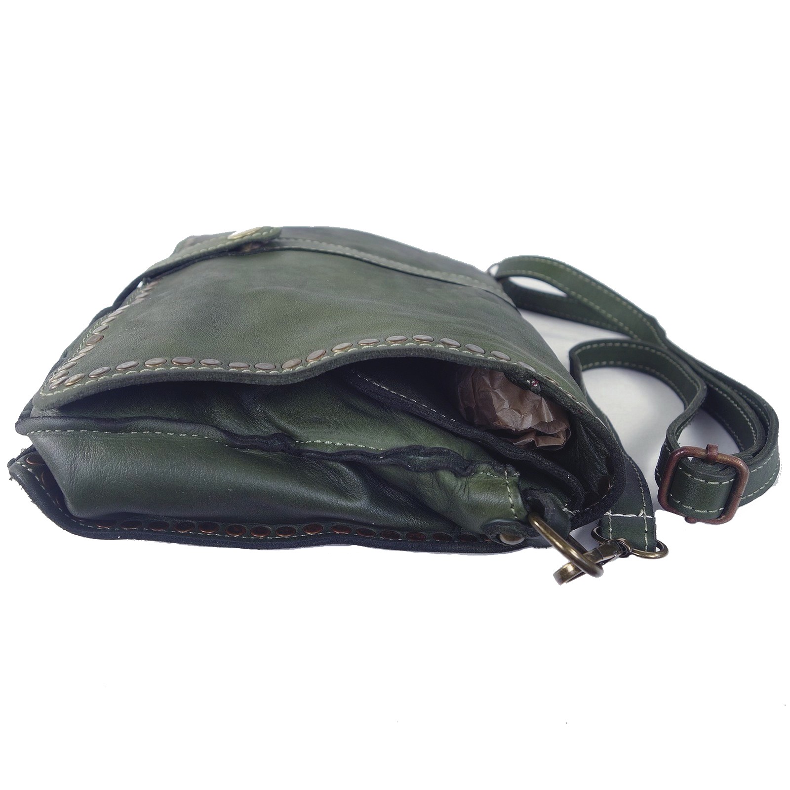 Collection Esprit Cuir GENA besace bandoulière cuir vert clous