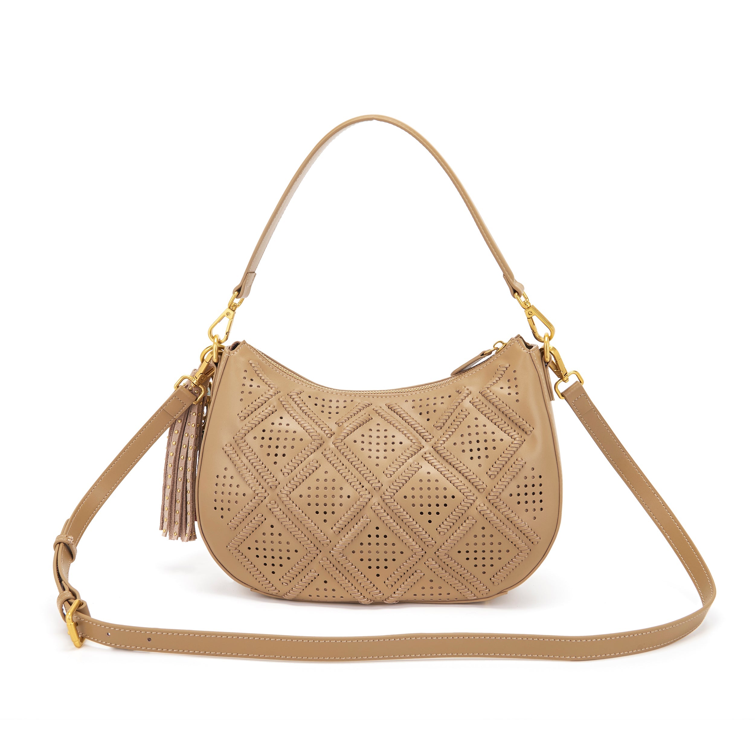 La Carrie Labyrinth sac bandoulière beige cuir perforé