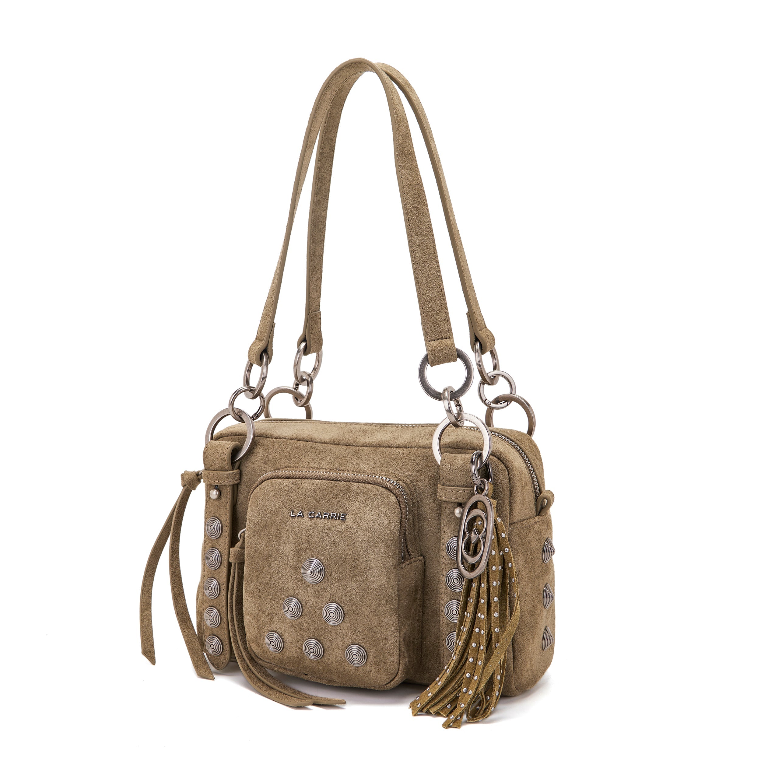 La Carrie Aztec sac épaule suède vert 26x10x18 cm clous