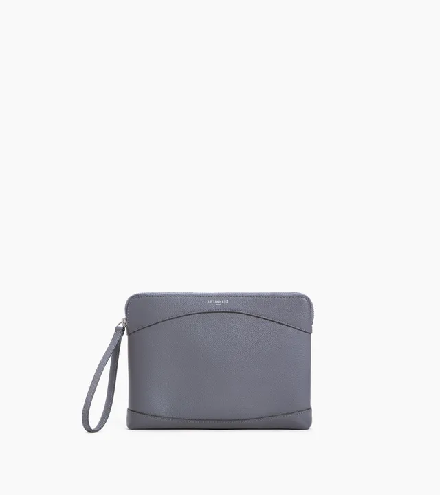 Le Tanneur pochette zippée cuir grainé bleu Steel Blue