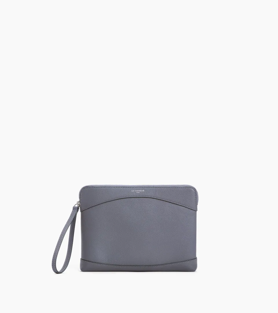 Le Tanneur pochette zippée cuir grainé bleu Steel Blue