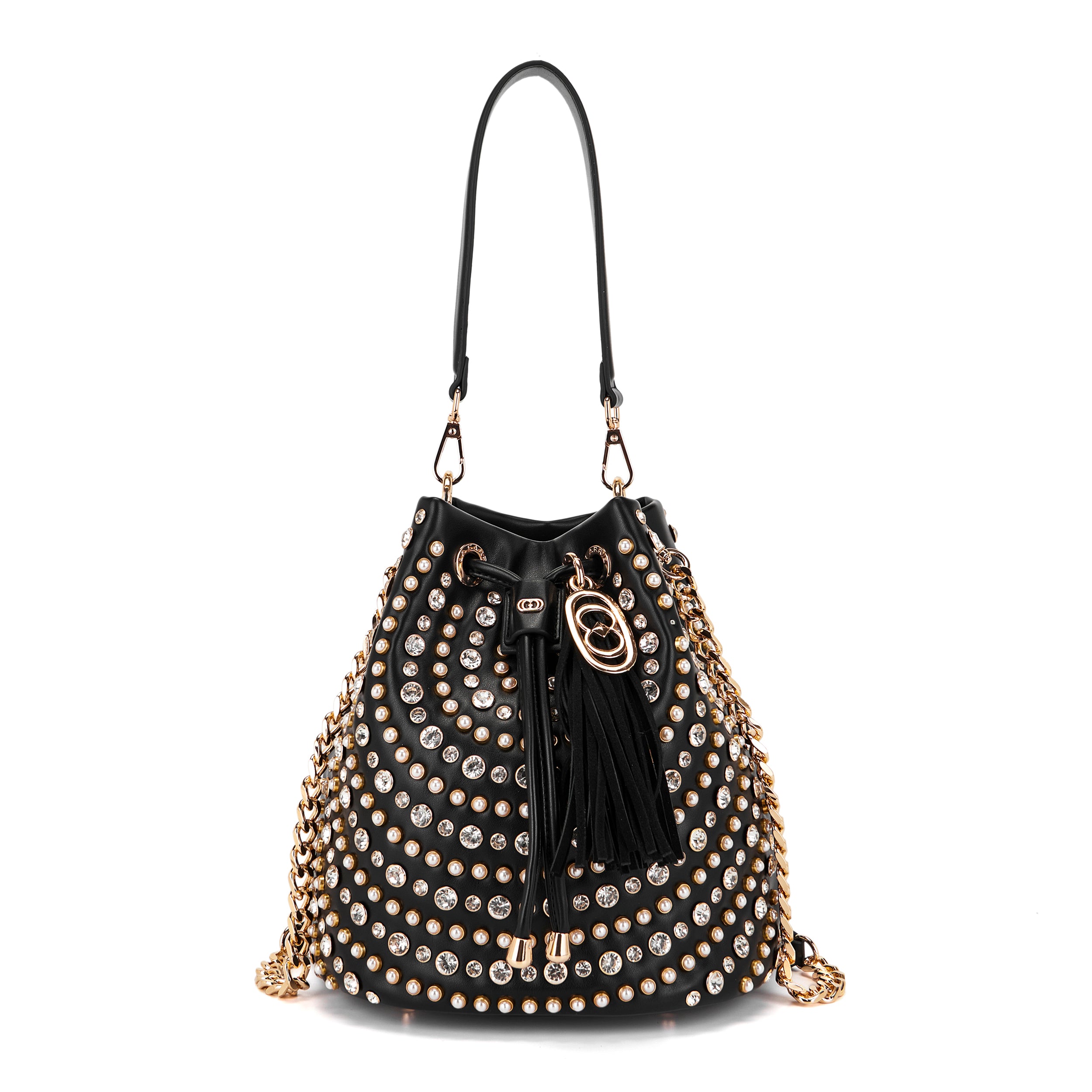 La Carrie Andromeda sac seau noir blanc 26 cm strass
