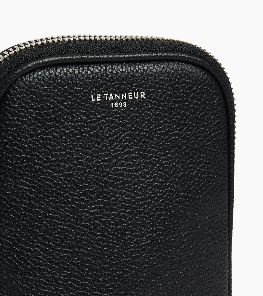 Le Tanneur étui téléphone cuir grainé Black zip argent