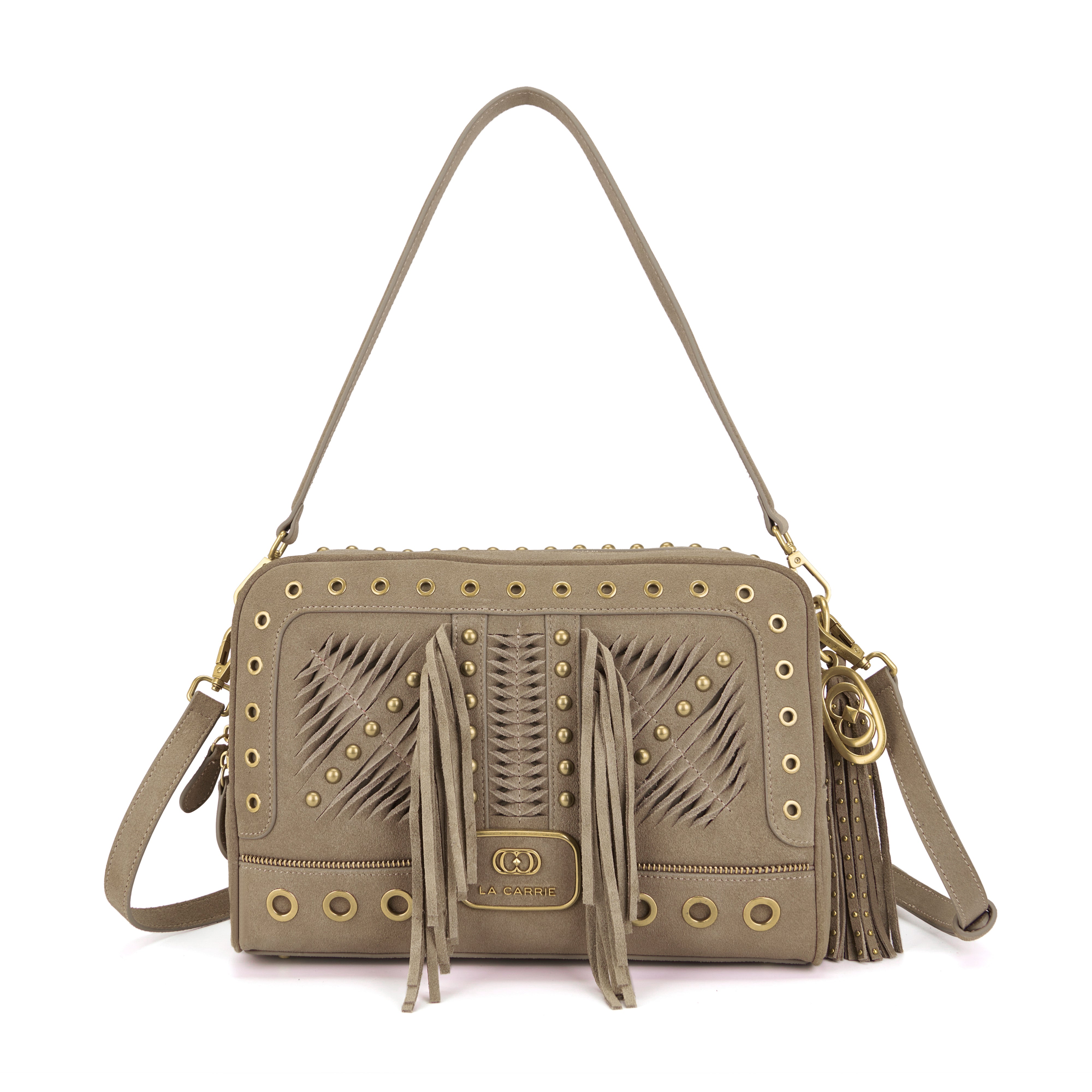 La Carrie Apallosa sac épaule taupe 31 cm suède franges