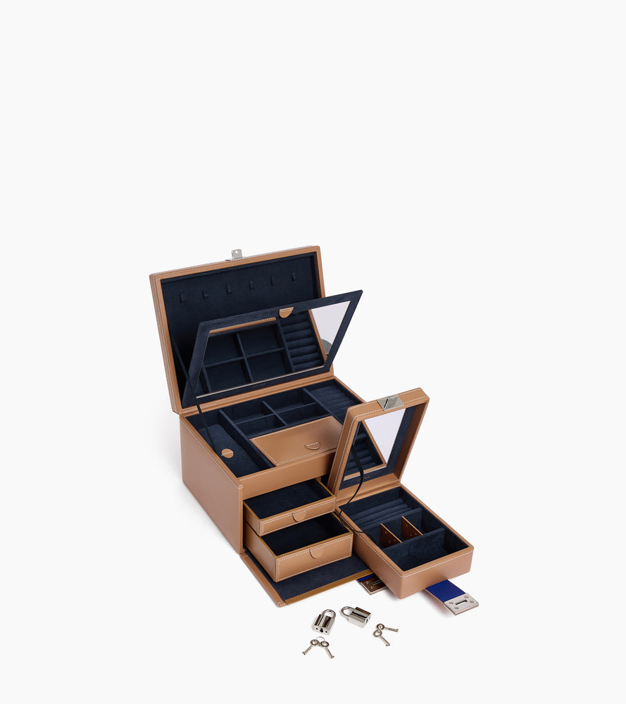 Le Tanneur Leather Goods grande boîte à bijoux cuir naturel miroir