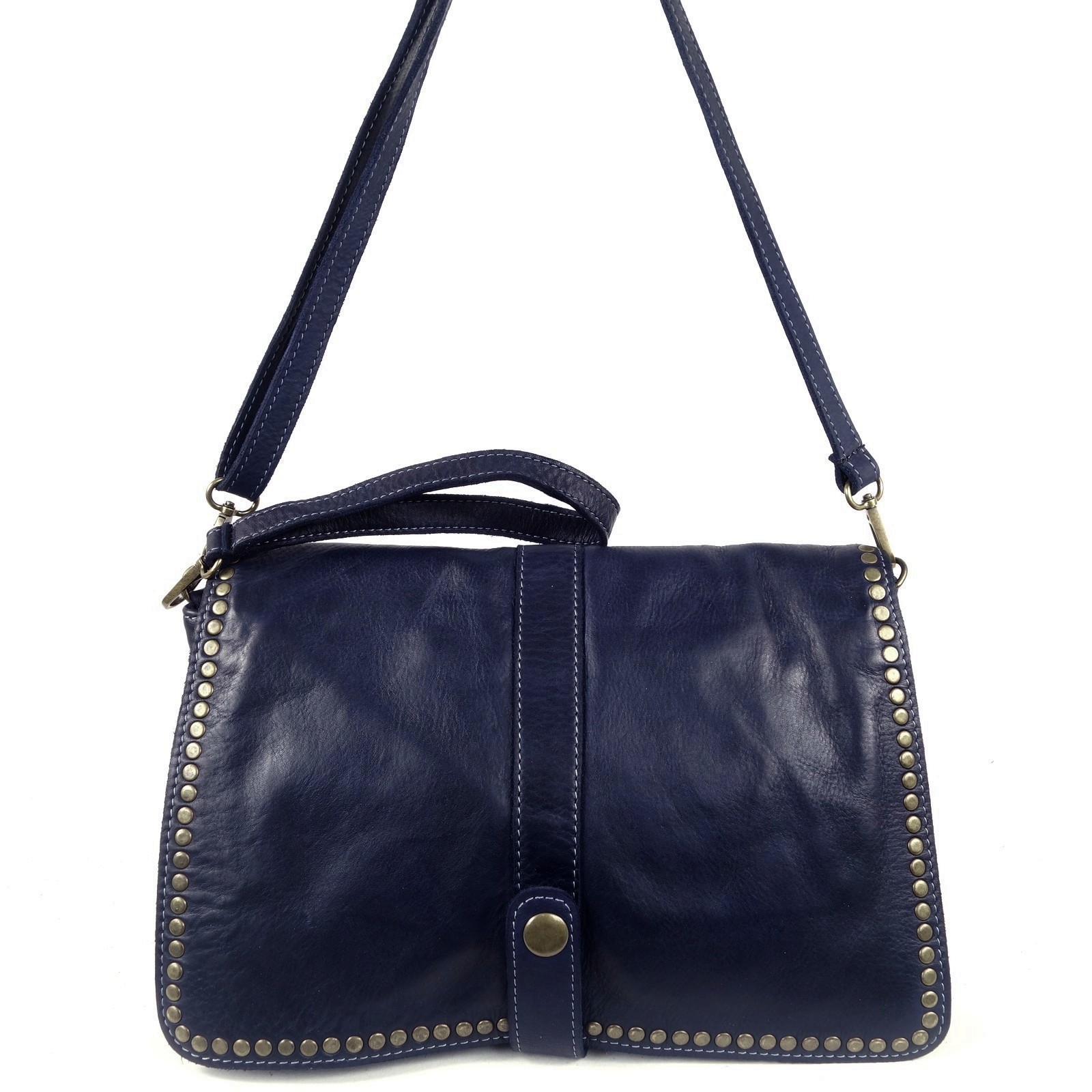Collection Esprit Cuir Gena pochette bandoulière bleu cuir clouté