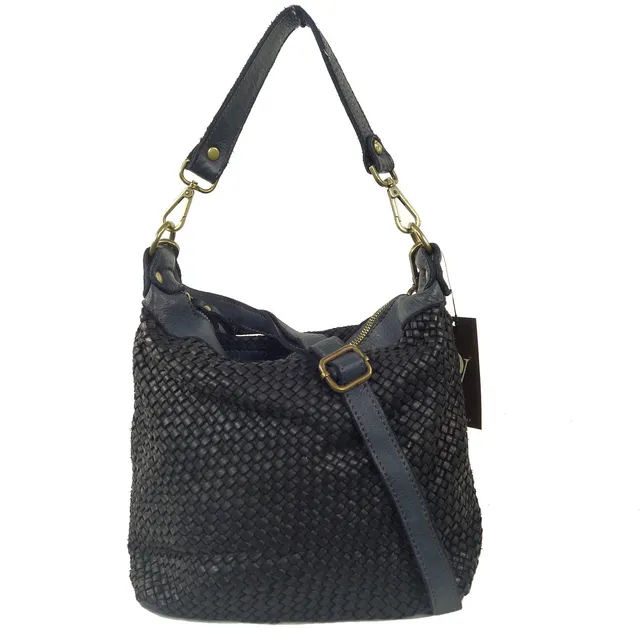 Collection Esprit Cuir Sac Besace Marleen besace cuir tressé noir