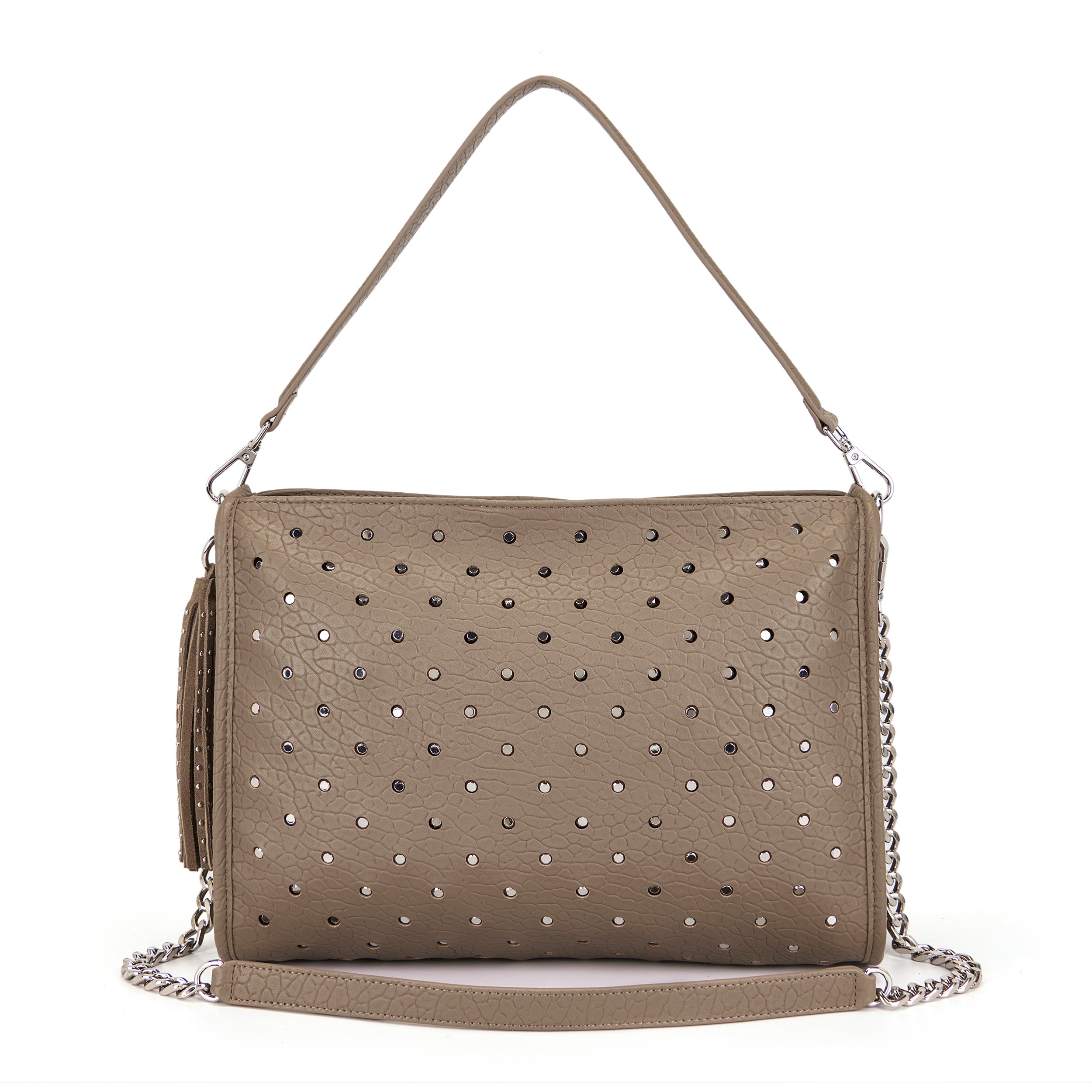 La Carrie Downtown sac épaule taupe 34 cm clouté