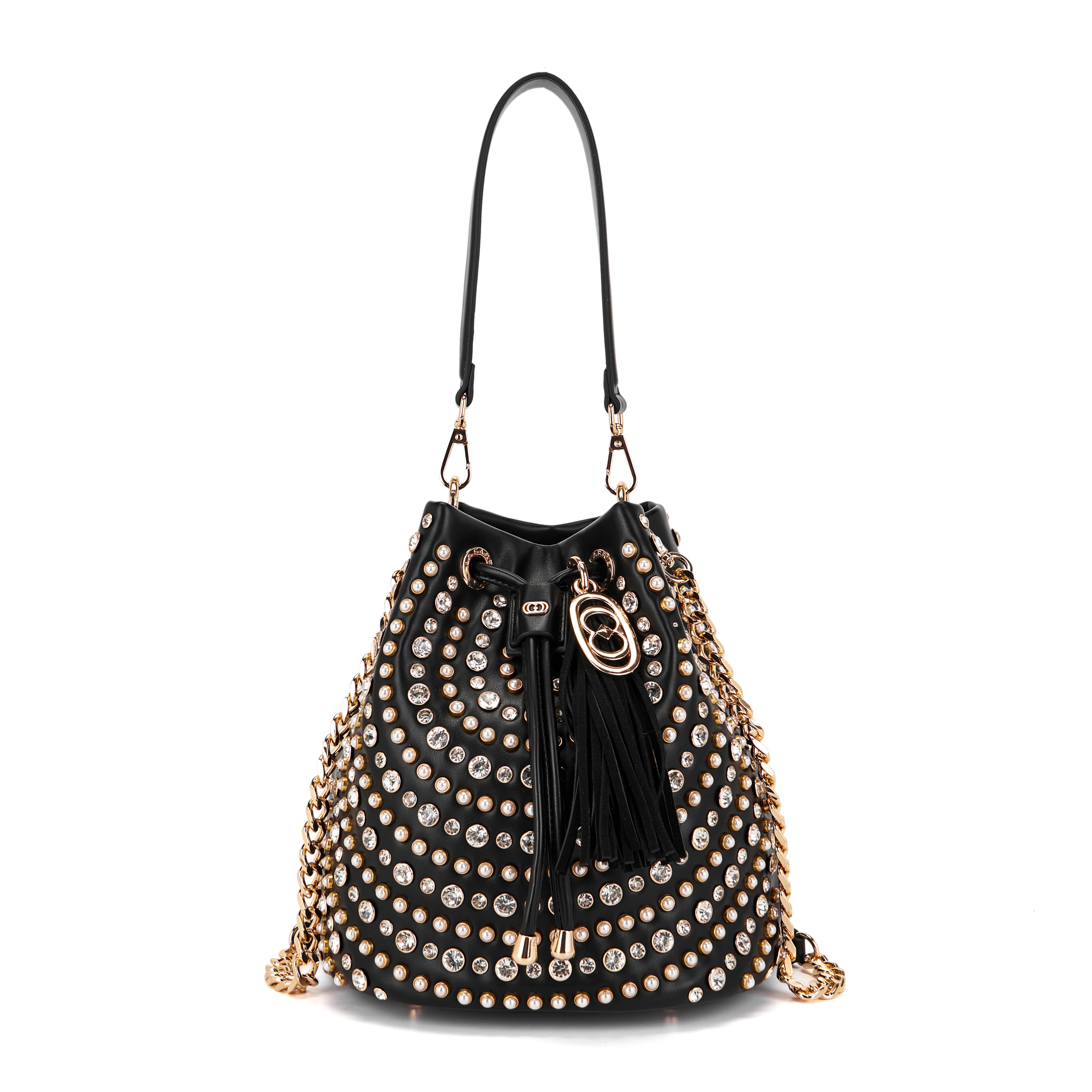 La Carrie Andromeda sac seau noir blanc 26 cm strass