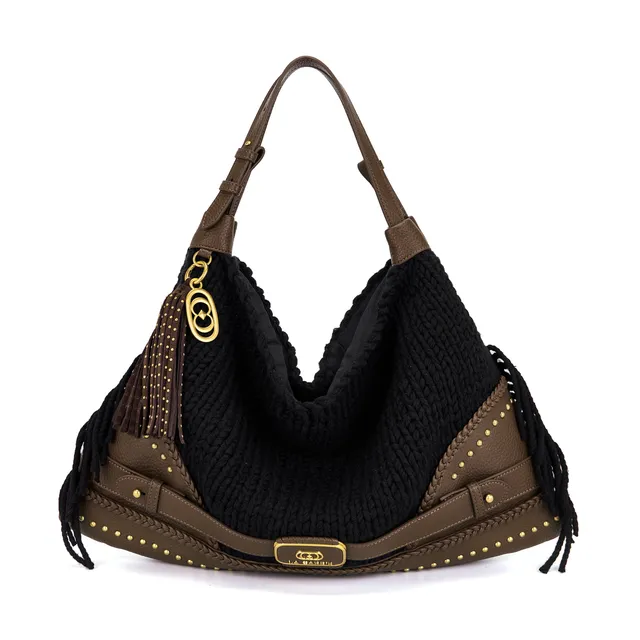 La Carrie Montgomery sac cabas laine noir 50 cm clouté