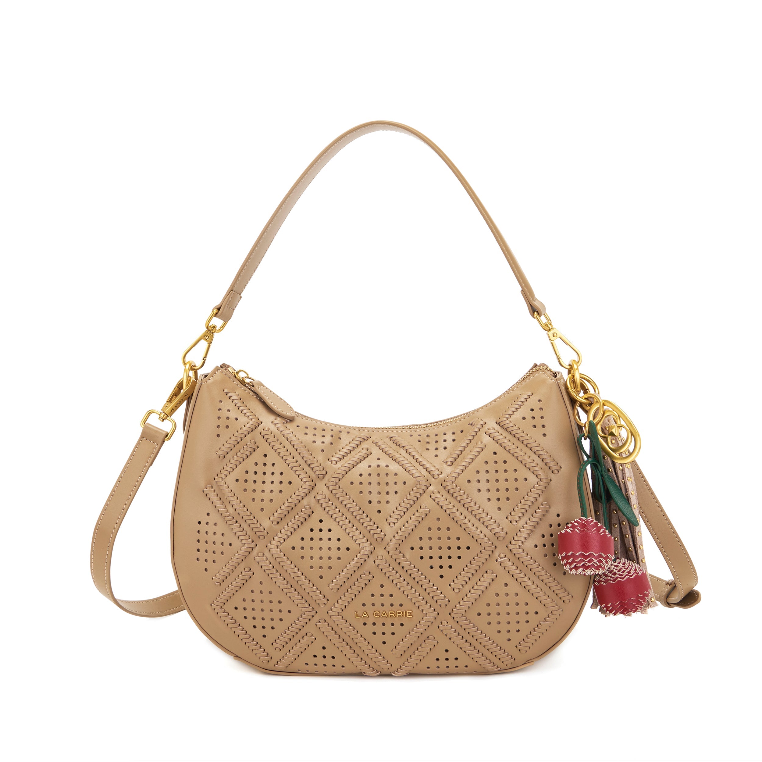 La Carrie Labyrinth sac bandoulière beige cuir perforé