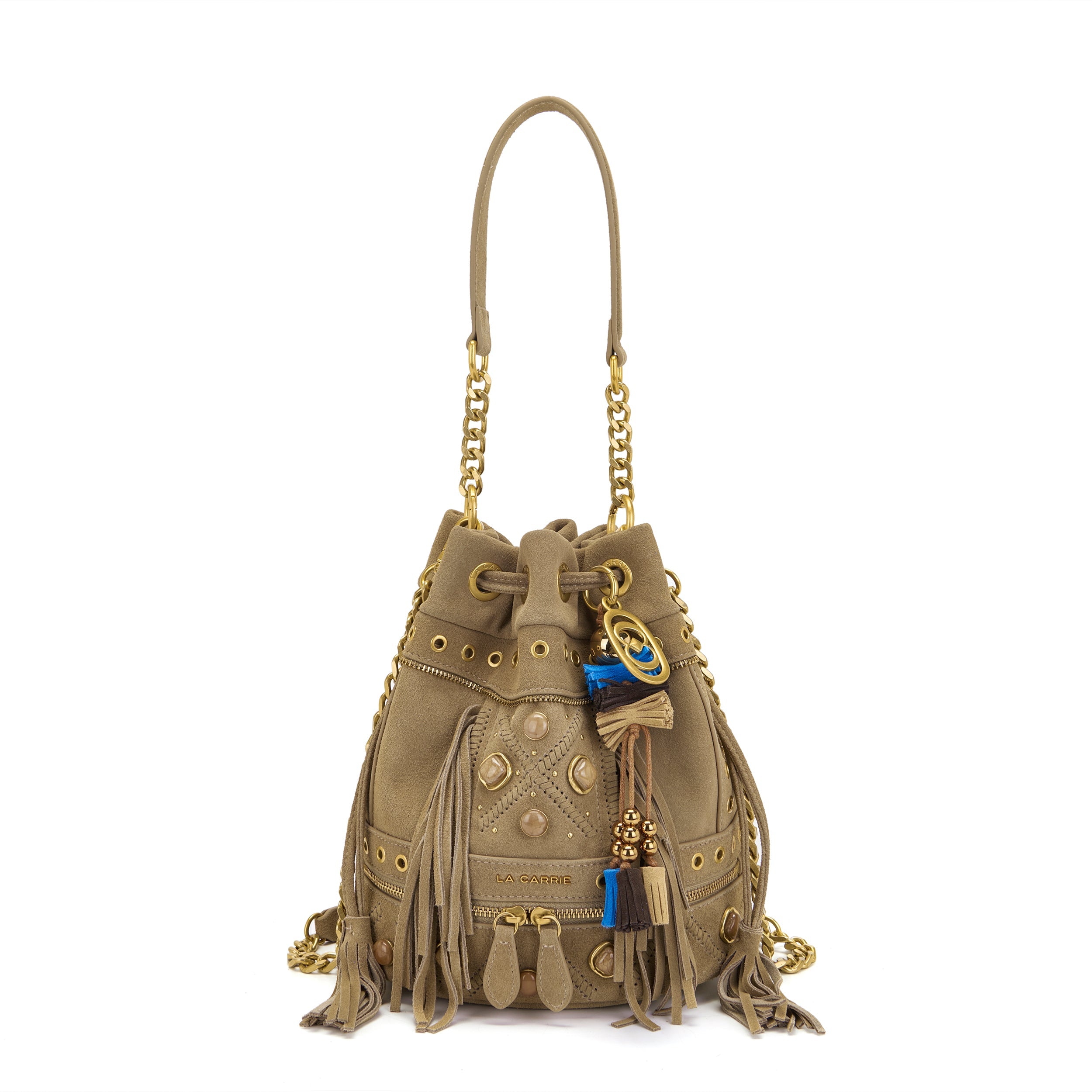La Carrie Jungle sac seau taupe 24 cm cuir suédé