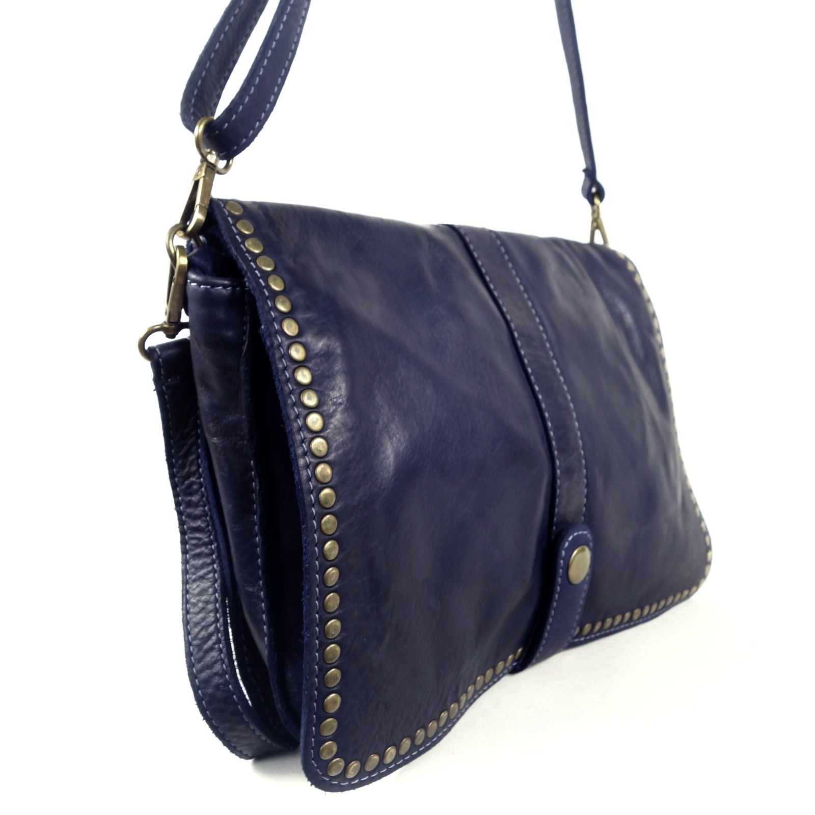 Collection Esprit Cuir Gena pochette bandoulière bleu cuir clouté
