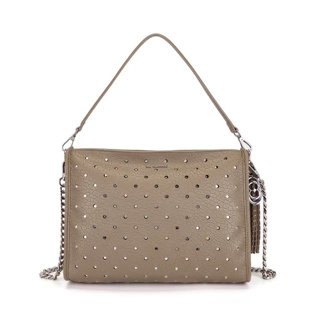La Carrie Downtown sac épaule taupe 34 cm clouté
