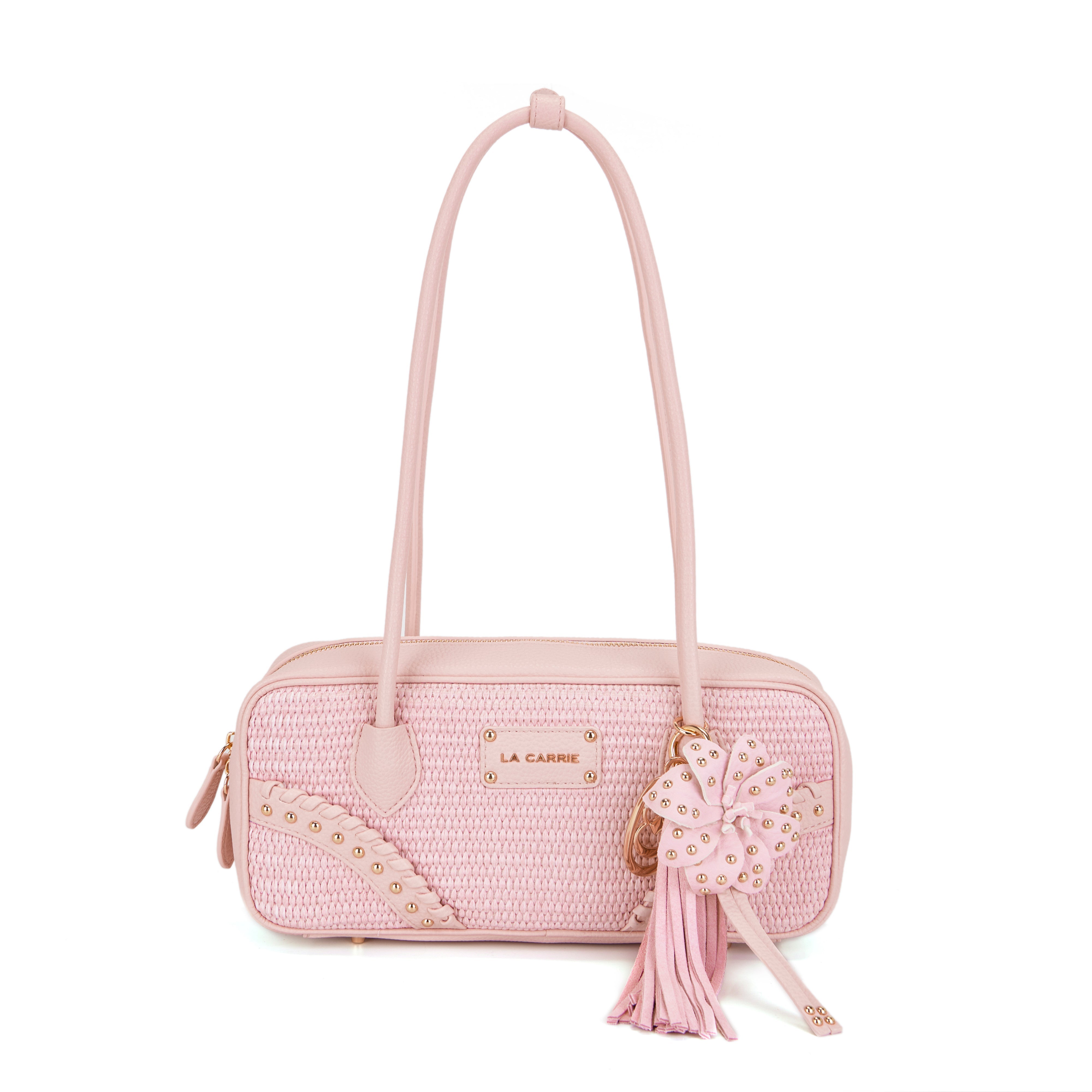 La Carrie La Plage sac bandoulière raphia rose clous