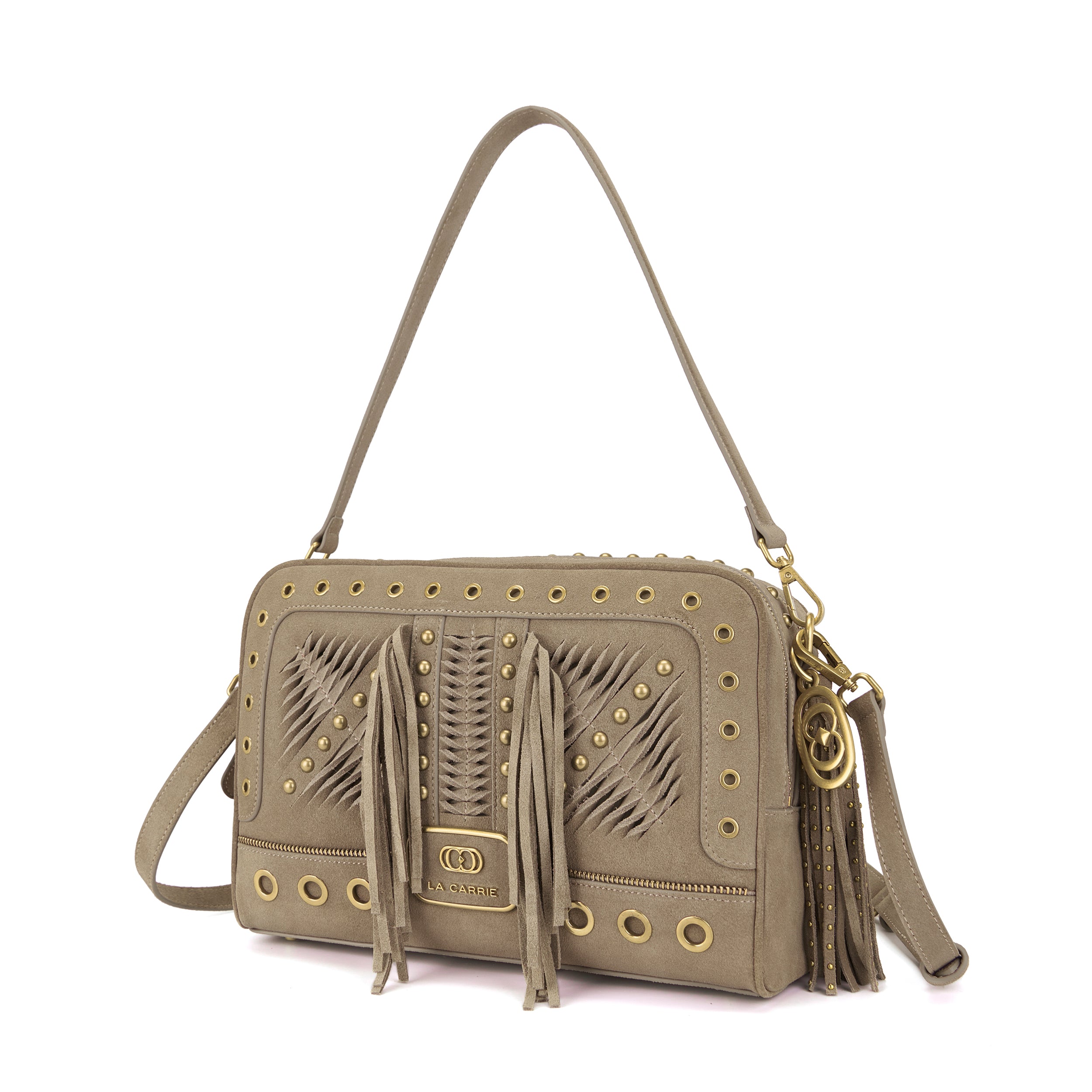 La Carrie Apallosa sac épaule taupe 31 cm suède franges