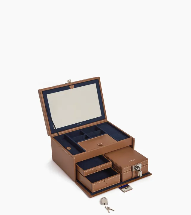 Le Tanneur Leather Goods grande boîte à bijoux cuir naturel miroir