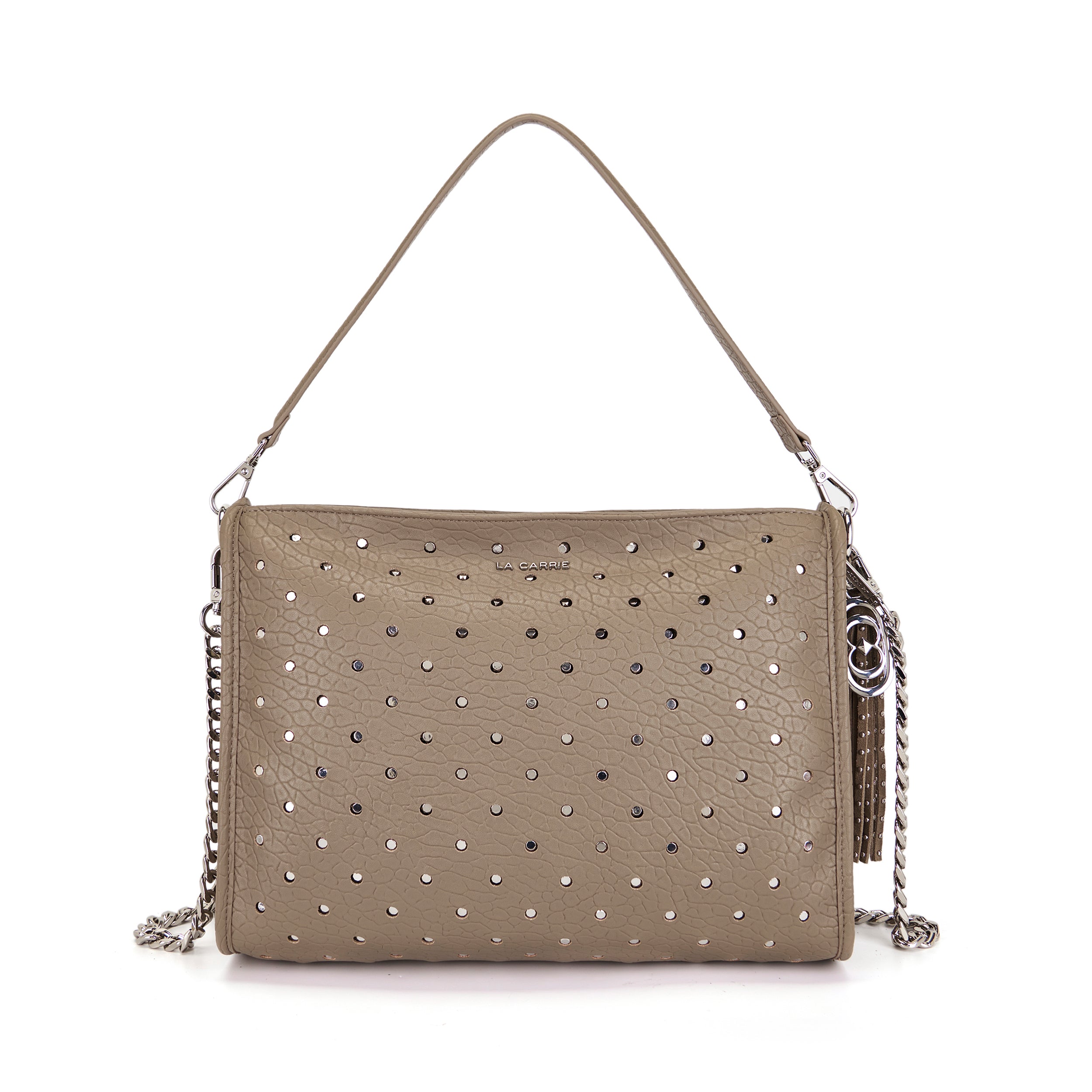 La Carrie Downtown sac épaule taupe 34 cm clouté