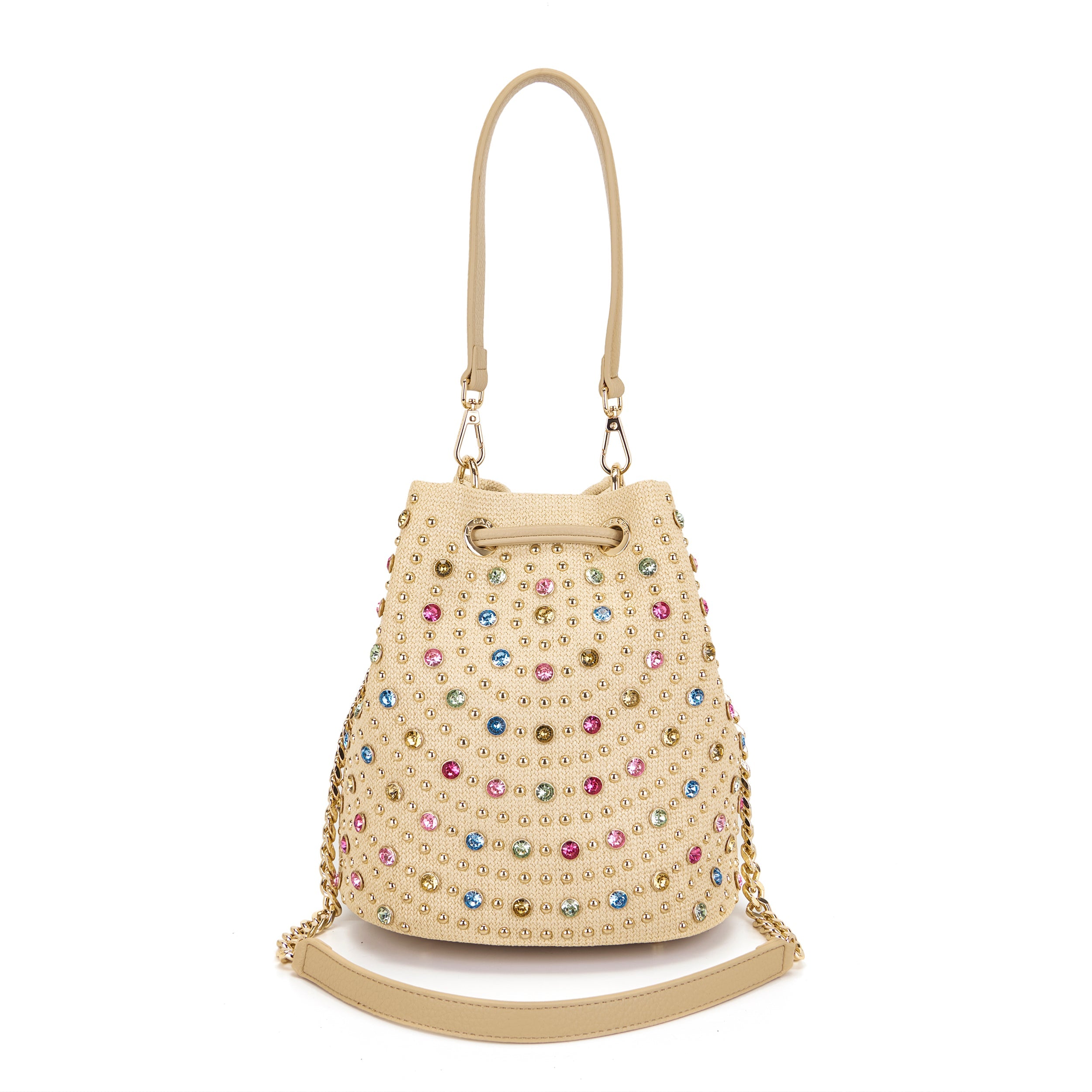 La Carrie Andromeda sac seau beige 26 cm raffia clous