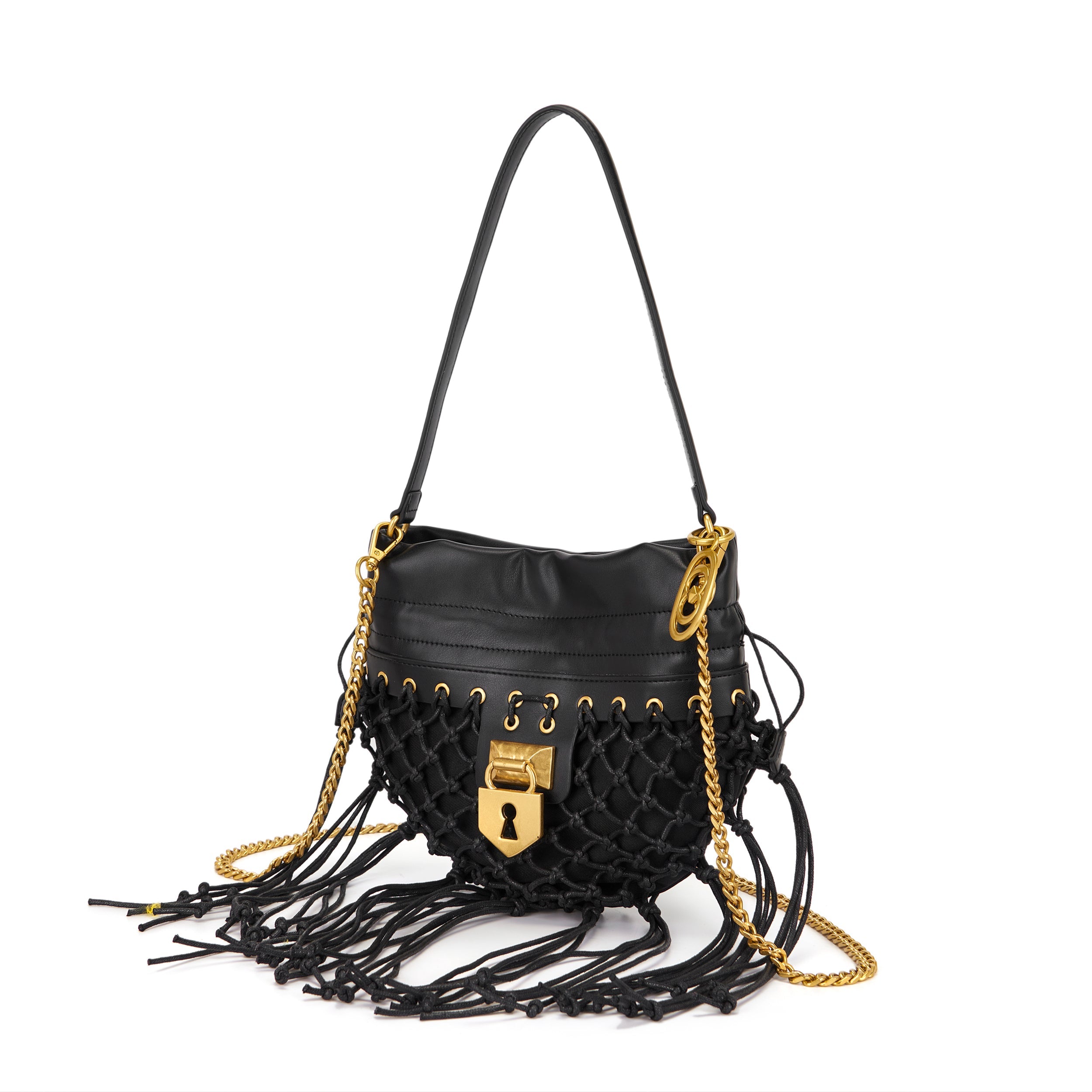 La Carrie Bag Fringe sac bandoulière noir corde 26x3x28cm