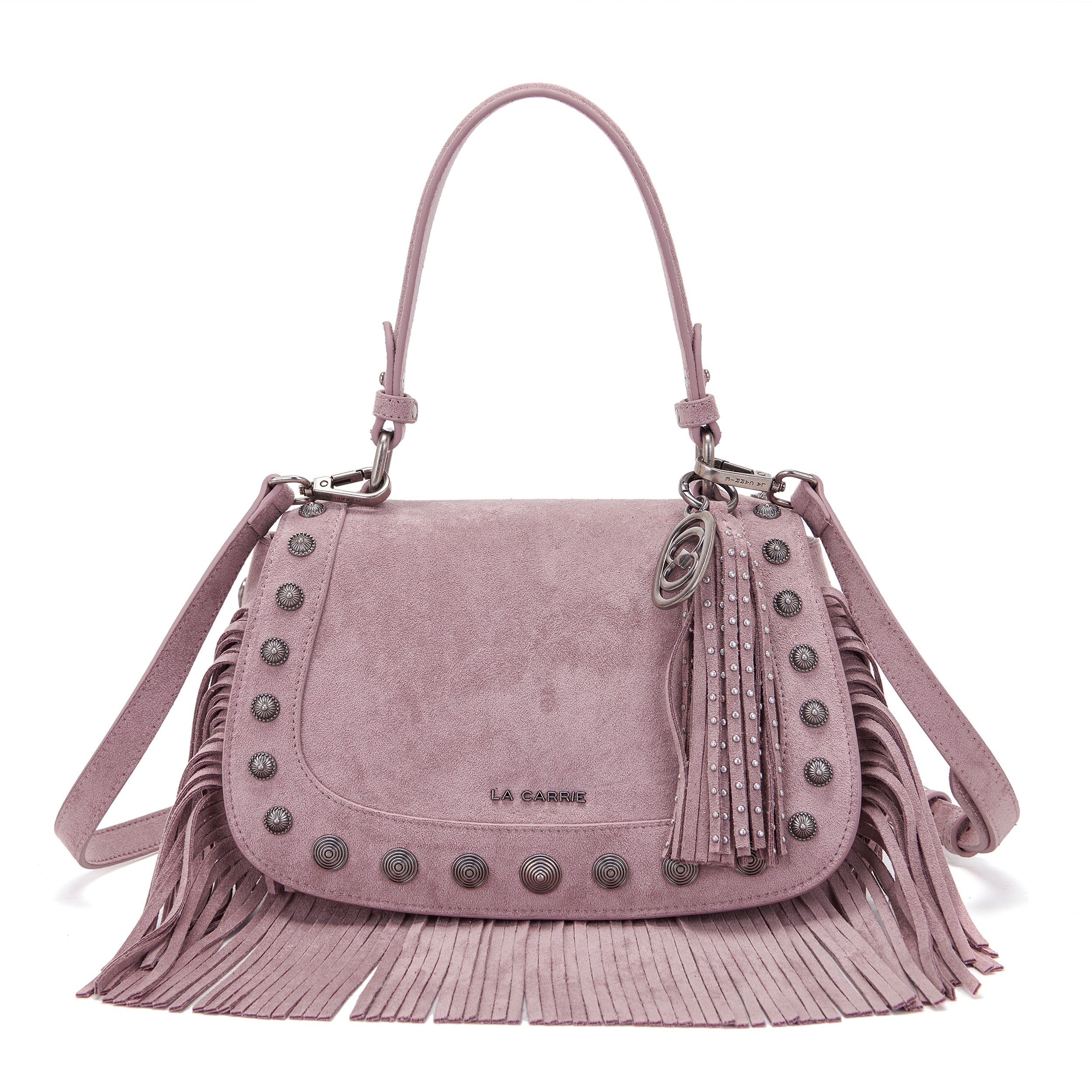 La Carrie Aztec Sac Épaule Rose Suède Franges 26x11x17 cm