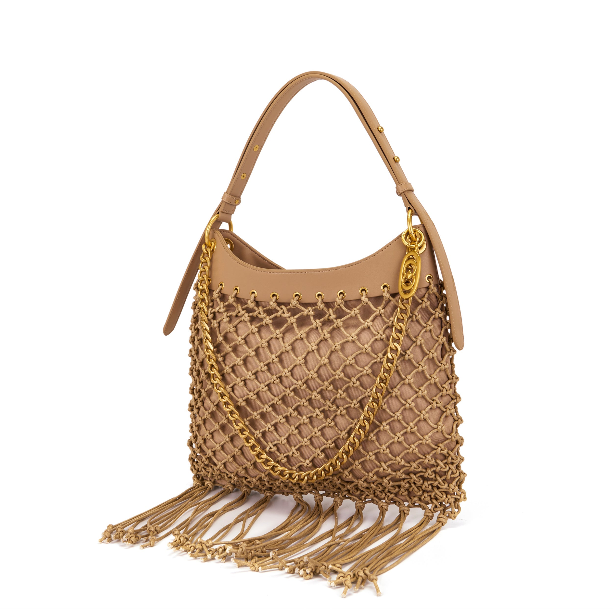 La Carrie Fringe sac épaule beige 39 x 34 cm corde