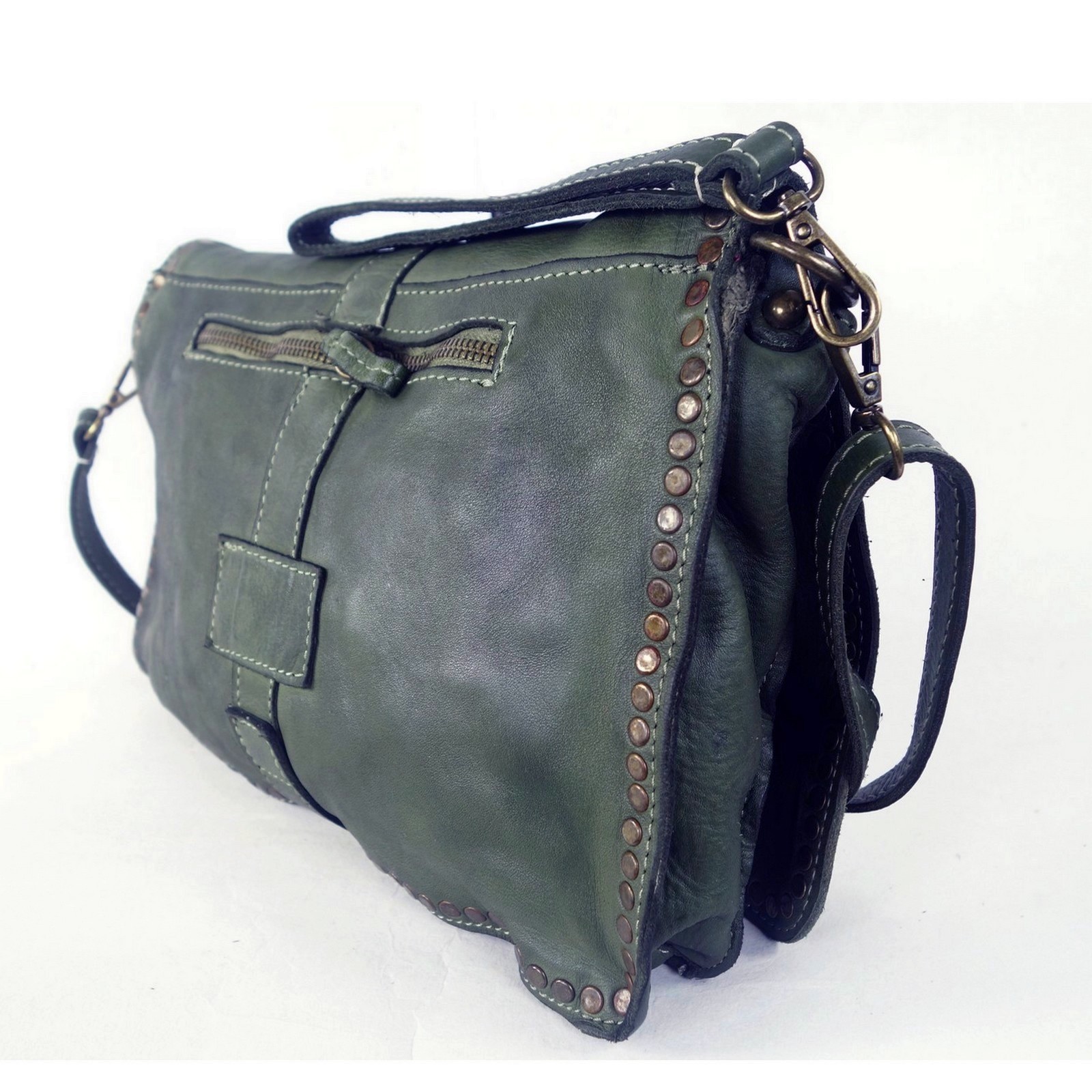 Collection Esprit Cuir GENA besace bandoulière cuir vert clous