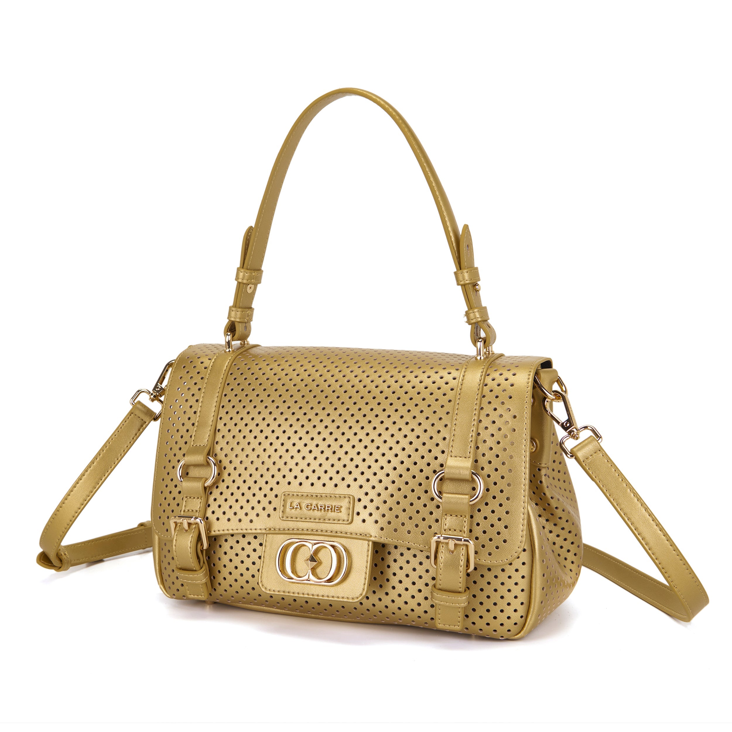 La Carrie Atena sac shopping gold cuir perforé 30x18 cm