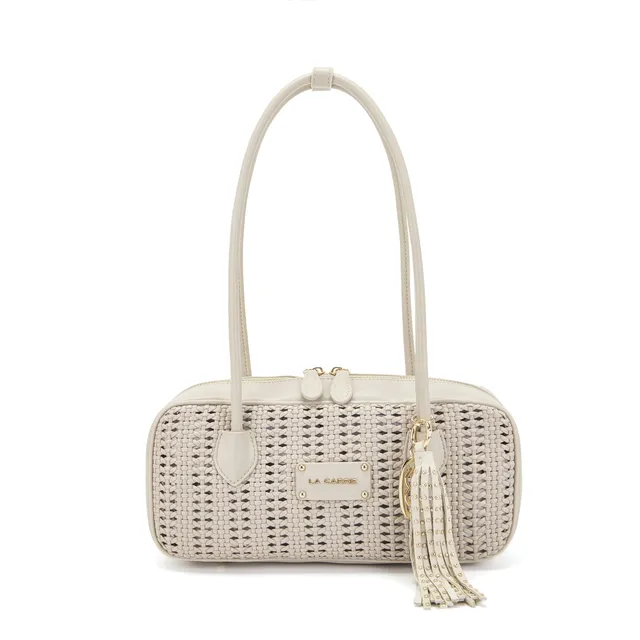 La Carrie Woven Sac à Main Ivoire PU Tressé 30x9x14 cm