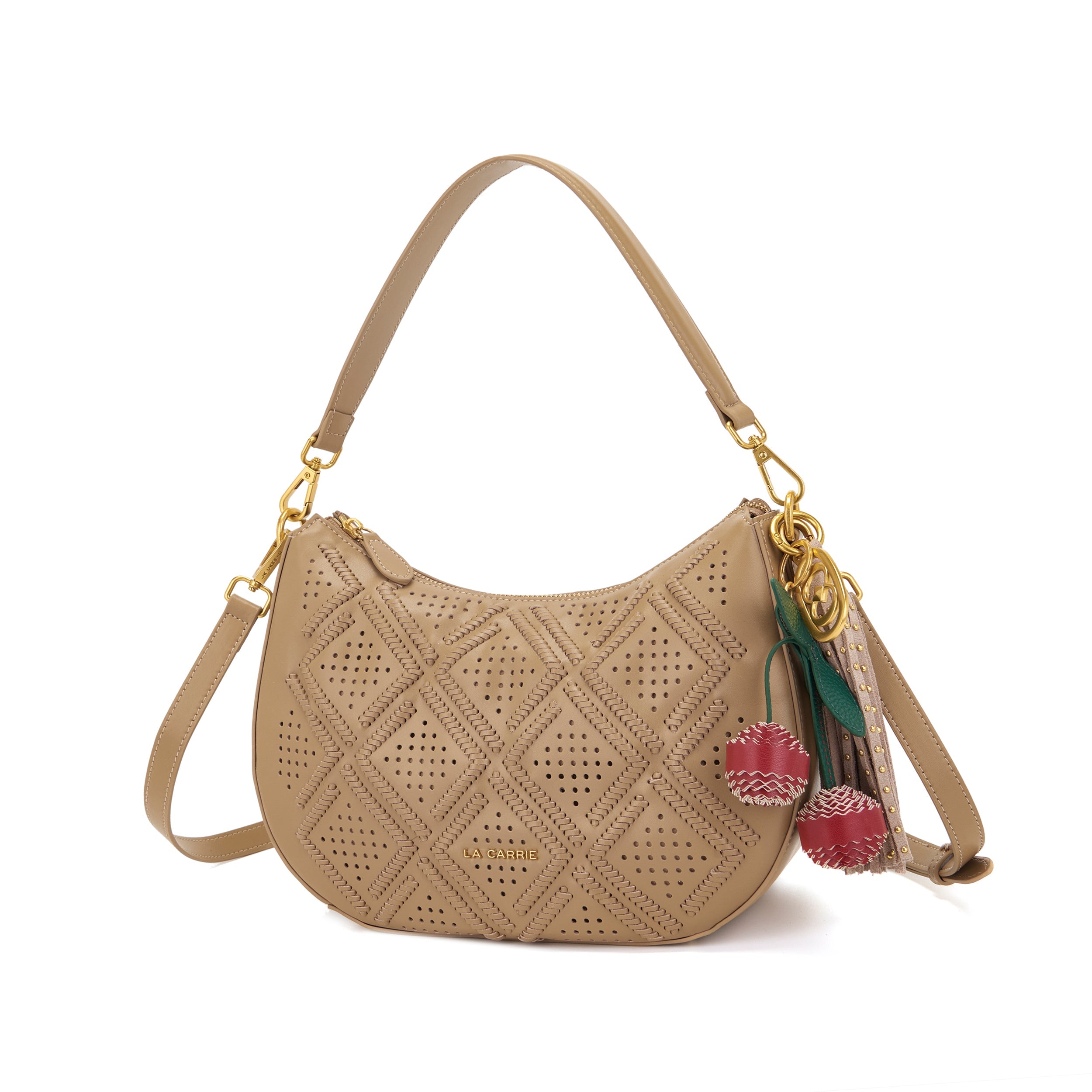 La Carrie Labyrinth sac bandoulière beige cuir perforé