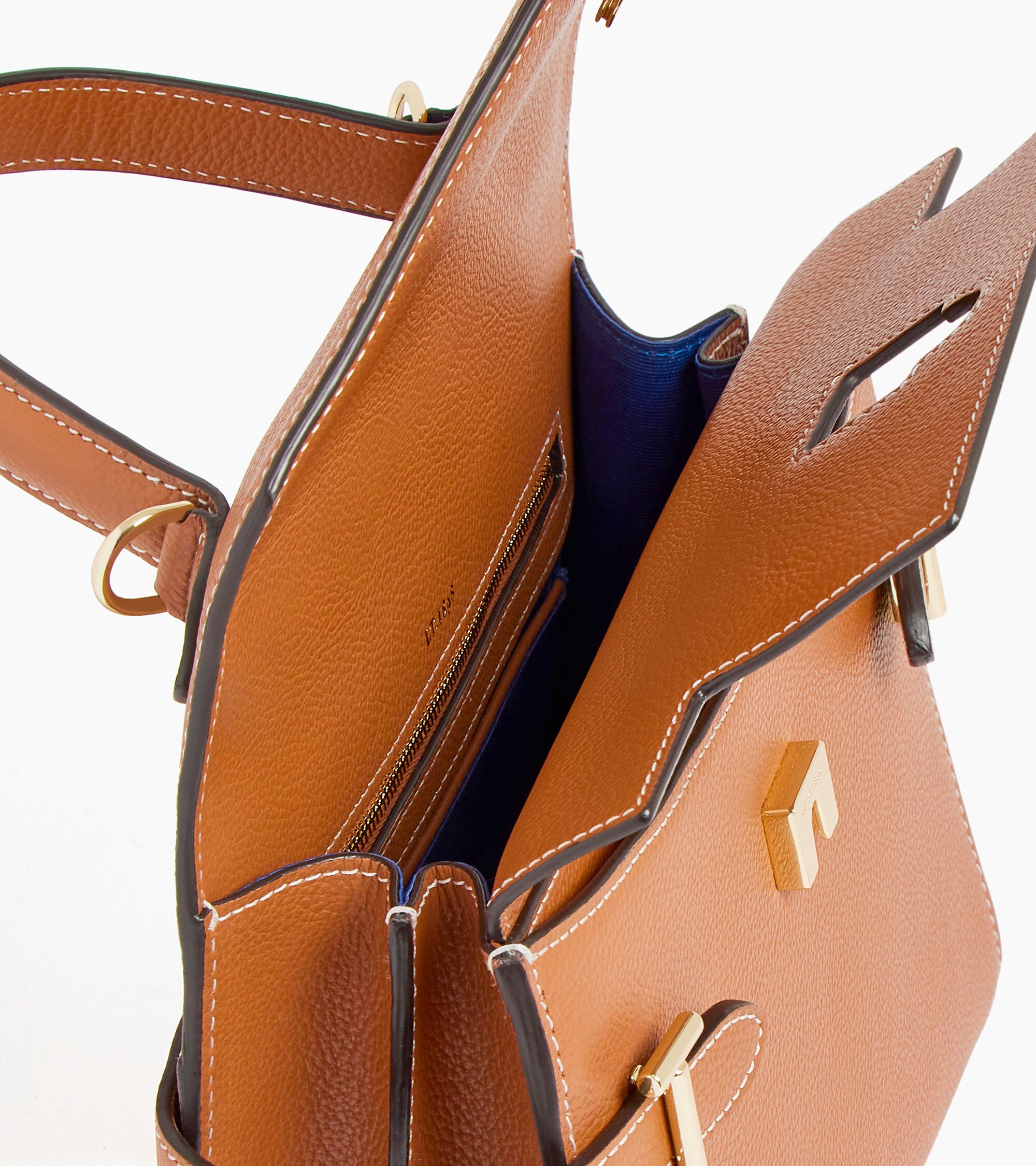 Le Tanneur Emilie sac à main double rabat cuir grainé Brown Tan