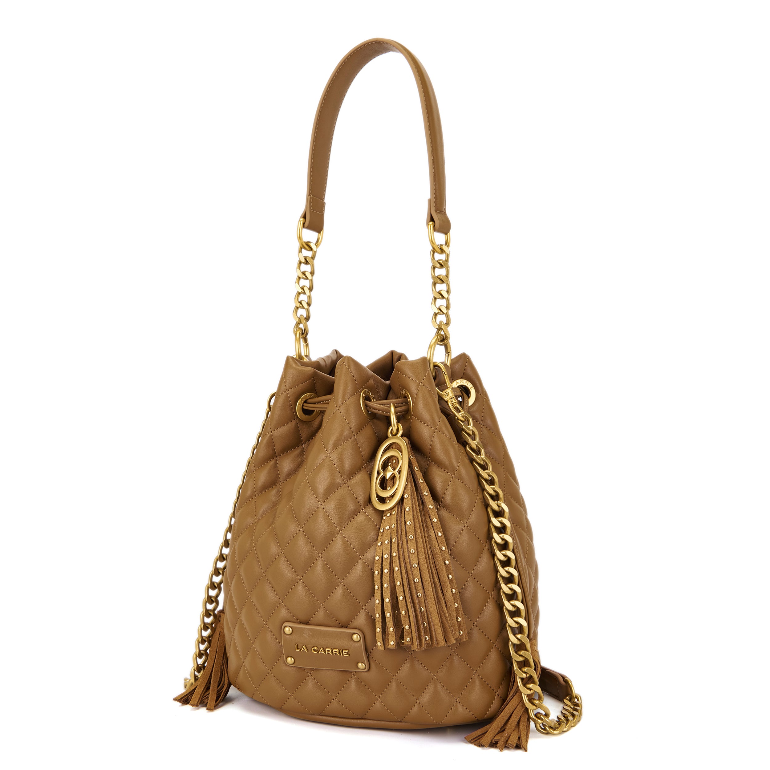 La Carrie Secchiello Touchy sac seau camel matelassé 24x17x26