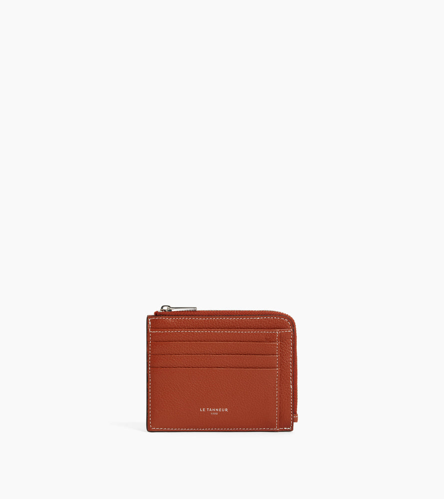 Le Tanneur Emile porte-cartes cuir grainé zip Mahogany Brown