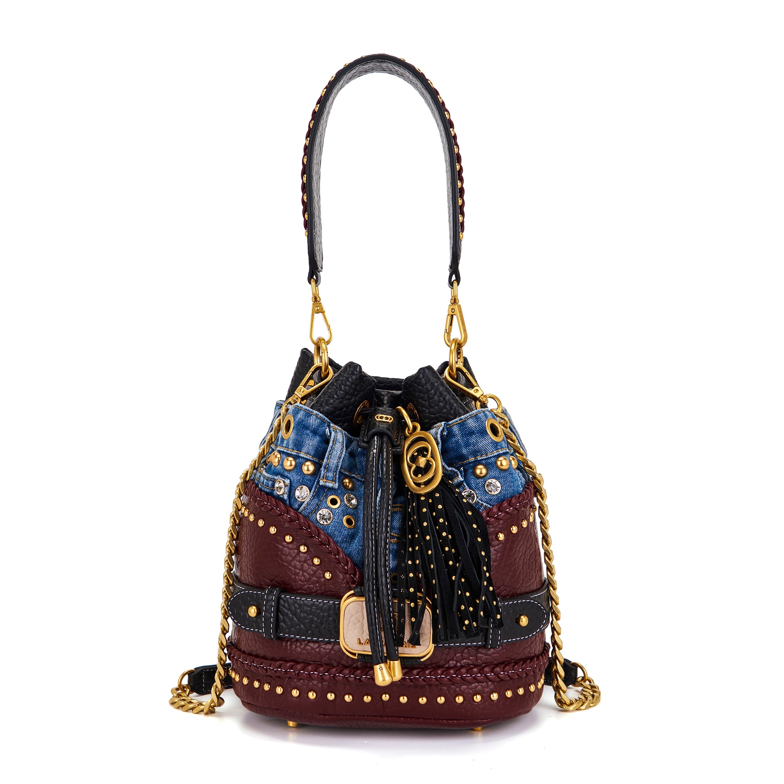 La Carrie Bagghy sac seau DARK BROWN denim et cuir