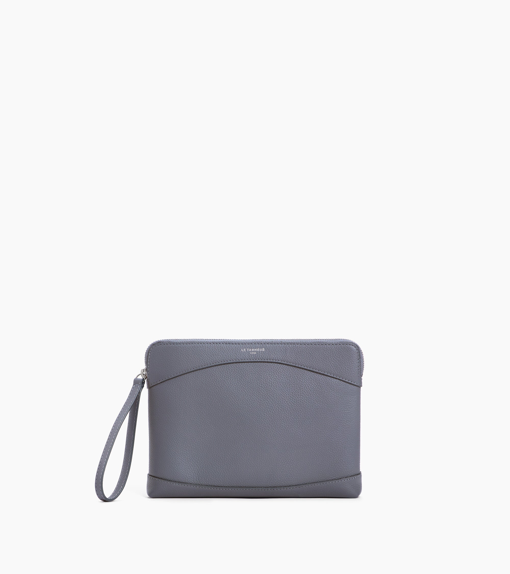 Le Tanneur pochette zippée cuir grainé bleu Steel Blue