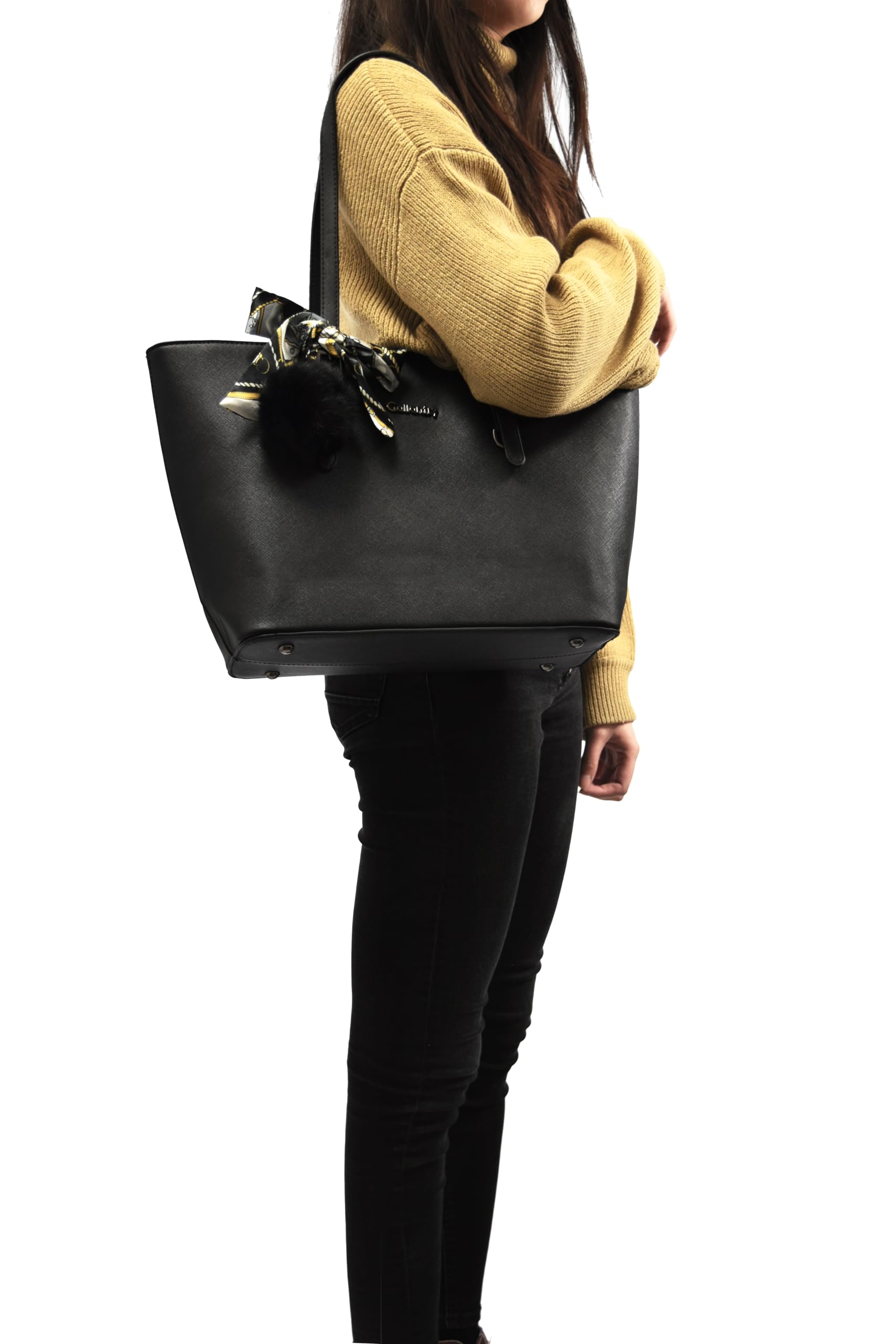 Gallantry Sacs Cabas Tote Bag Saffiano Noir Pompon Format A4